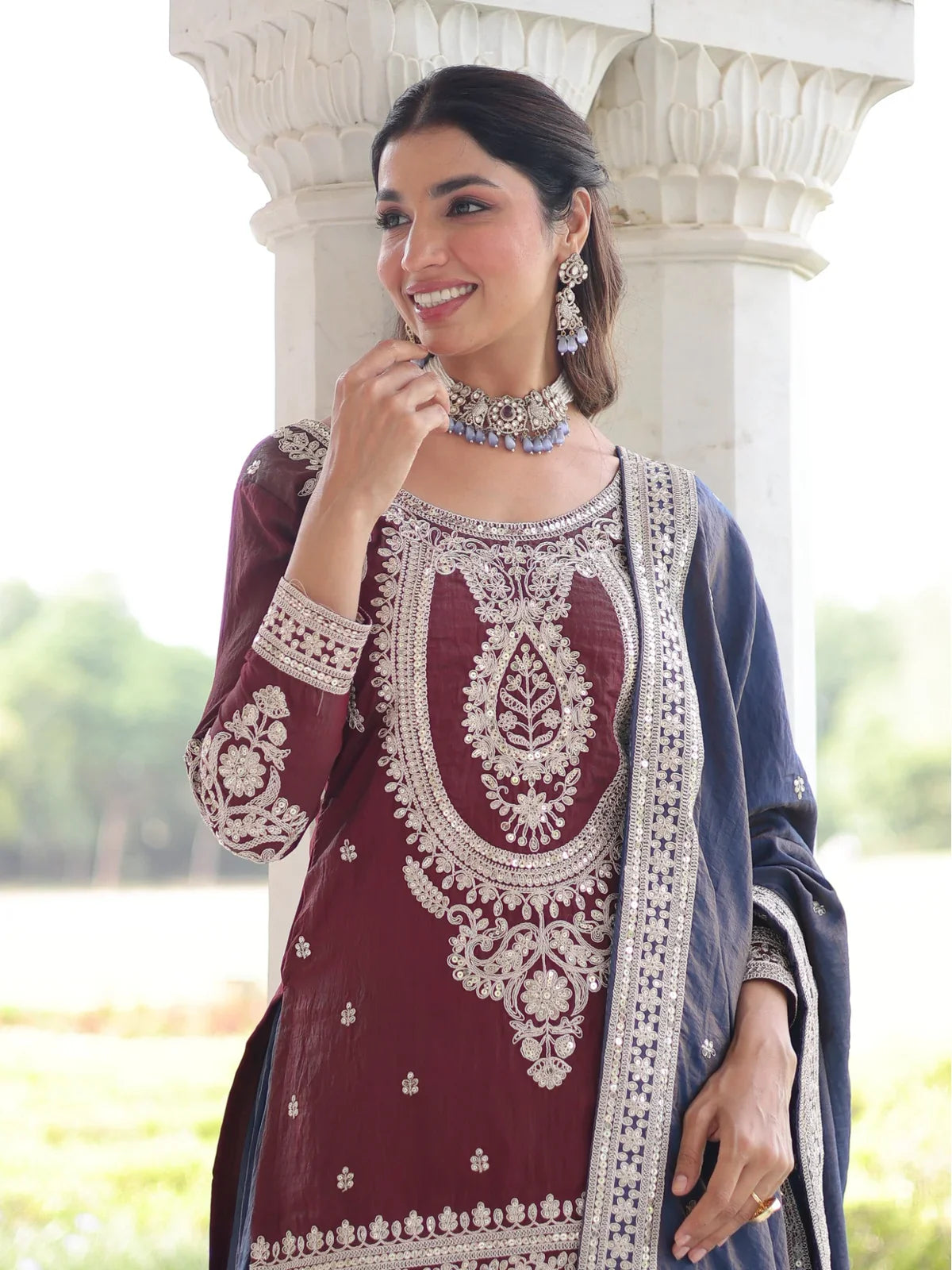 Tarani maroon embroidered silk top with zari work and neckline detail – upper body view