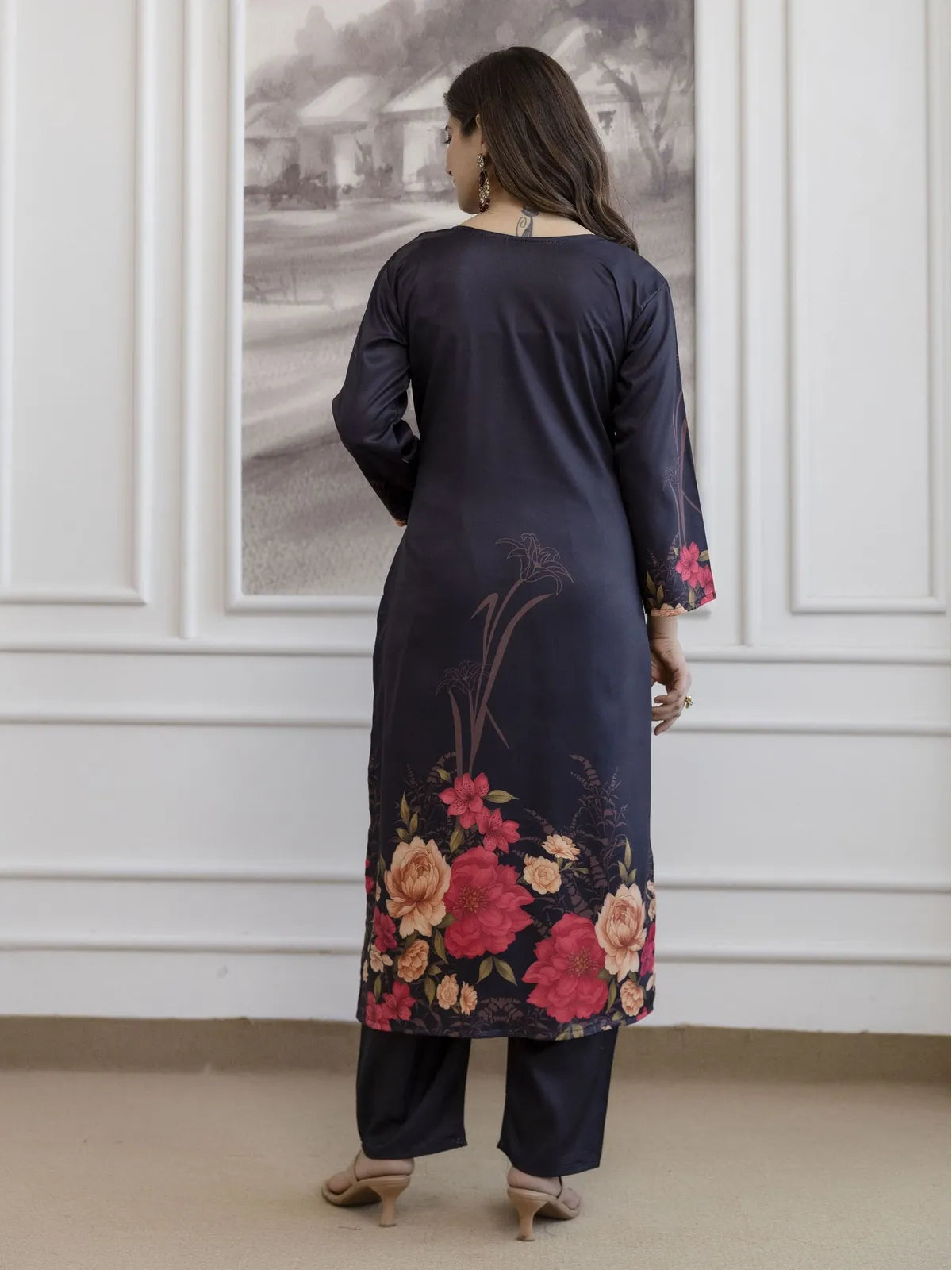 Tarani soft silk navy blue dress back view showing floral printed pattern on the rear side of kurti