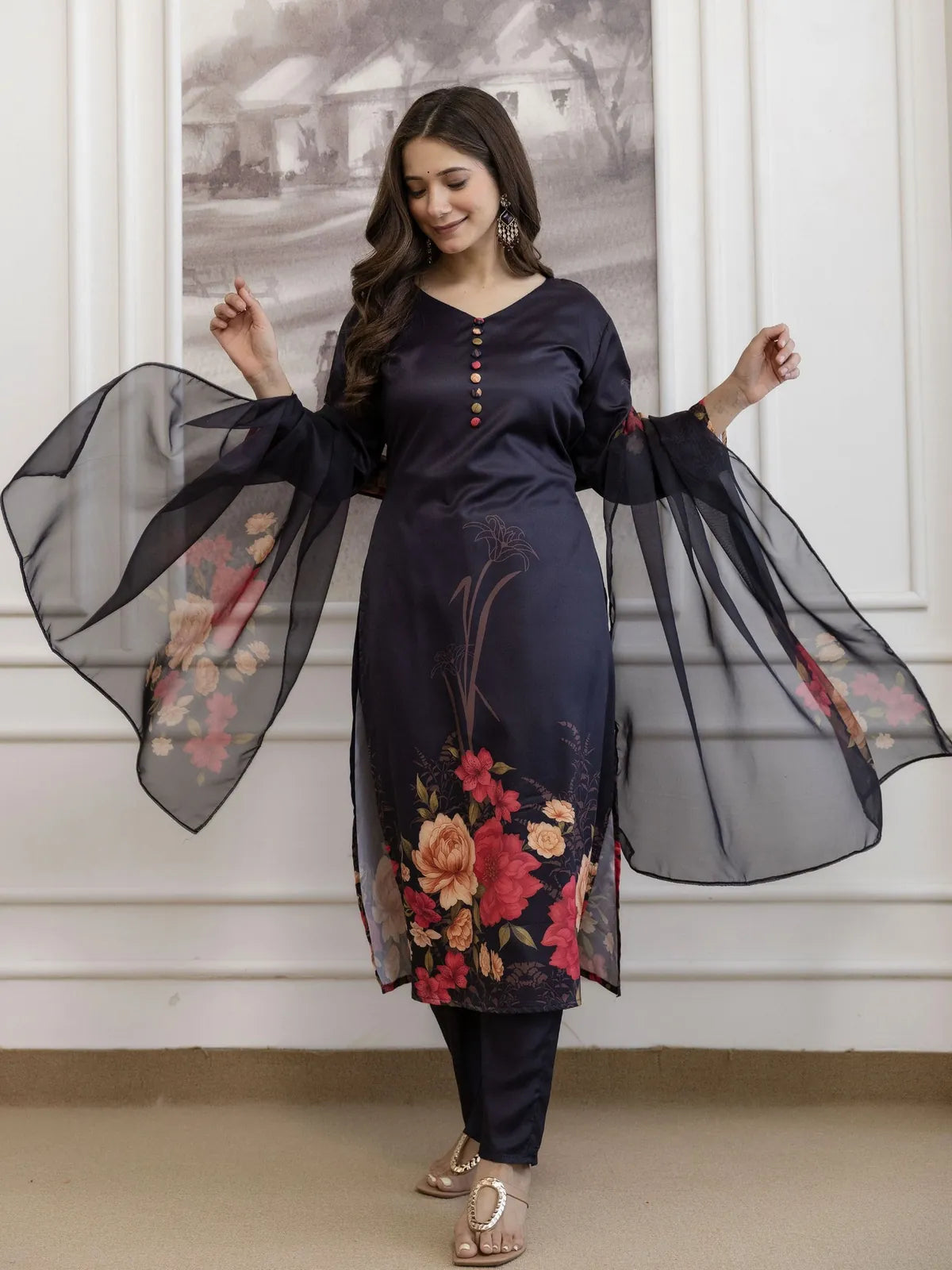 Tarani navy blue floral silk dress front pose highlighting printed kurti and sheer dupatta