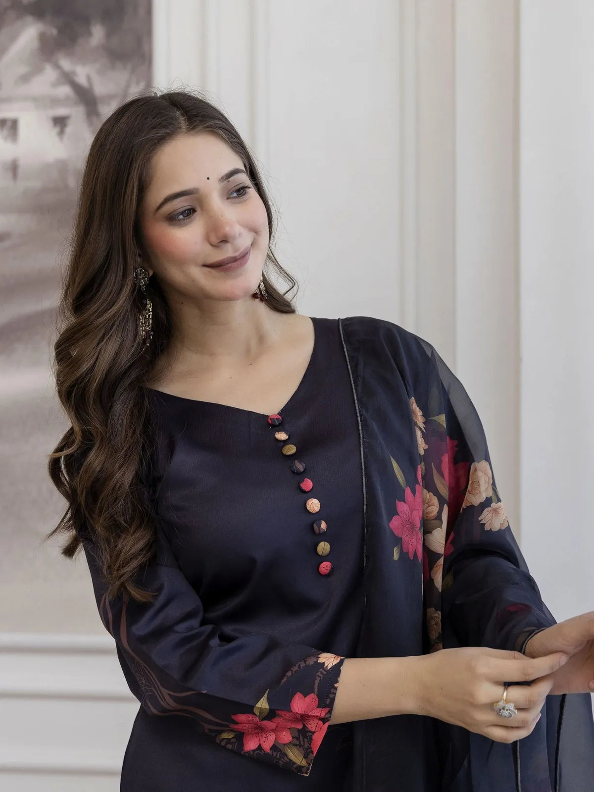 Tarani soft silk navy blue dress close-up showing neckline, floral sleeve print and embroidery buttons