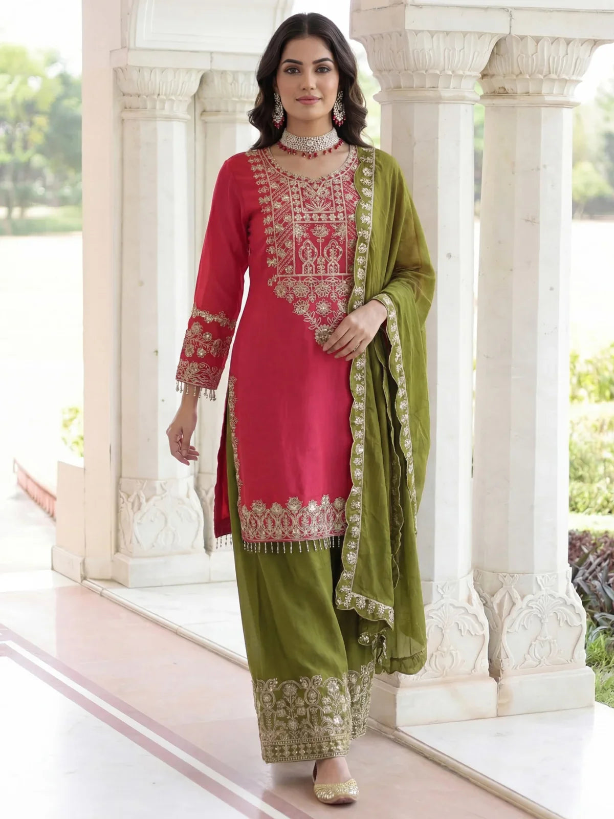 Tarani premium pink embroidered Chinon silk dress with green palazzo and dupatta full front view