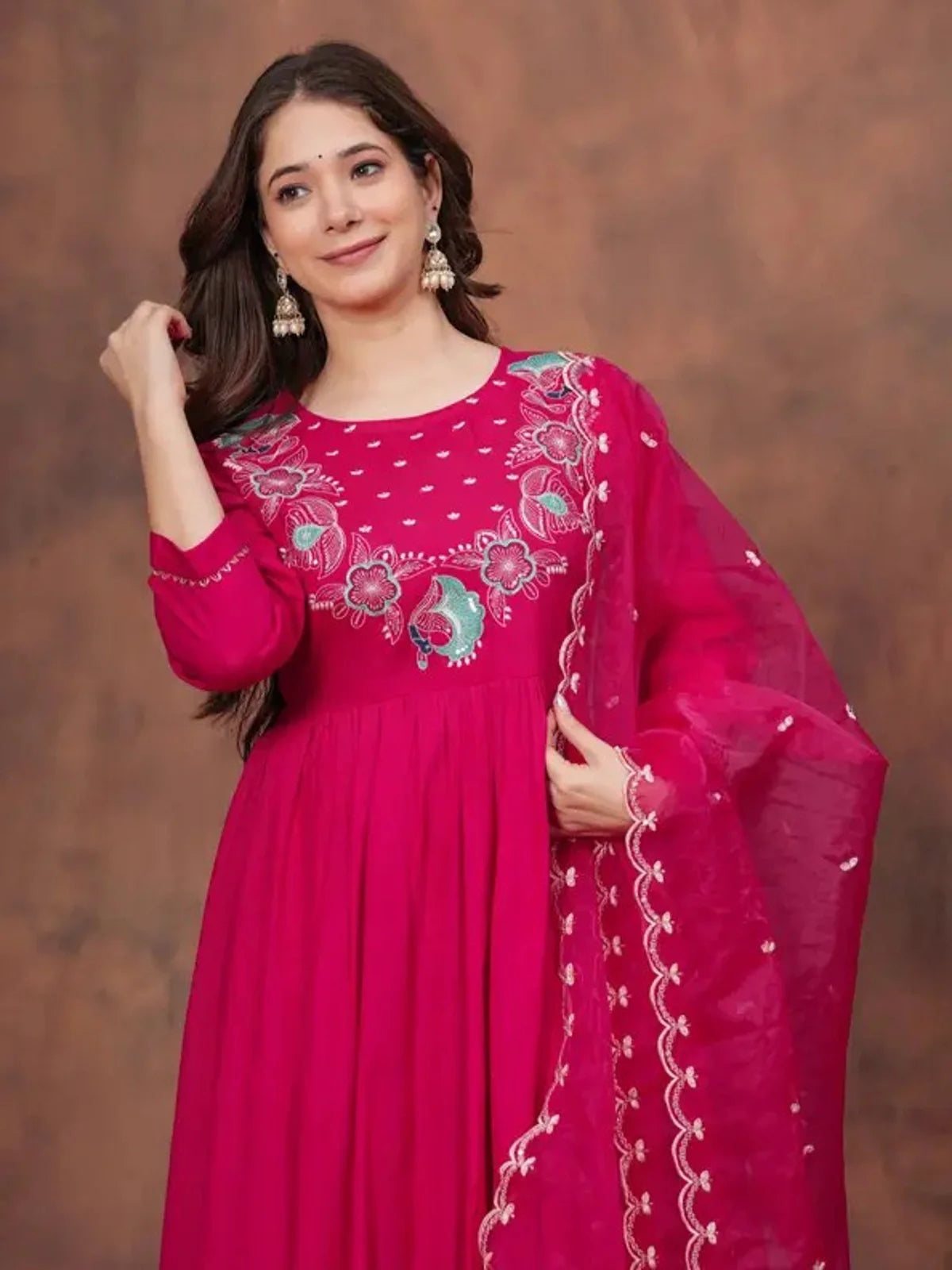 Tarani pink silk embroidered festive dress angle view 2