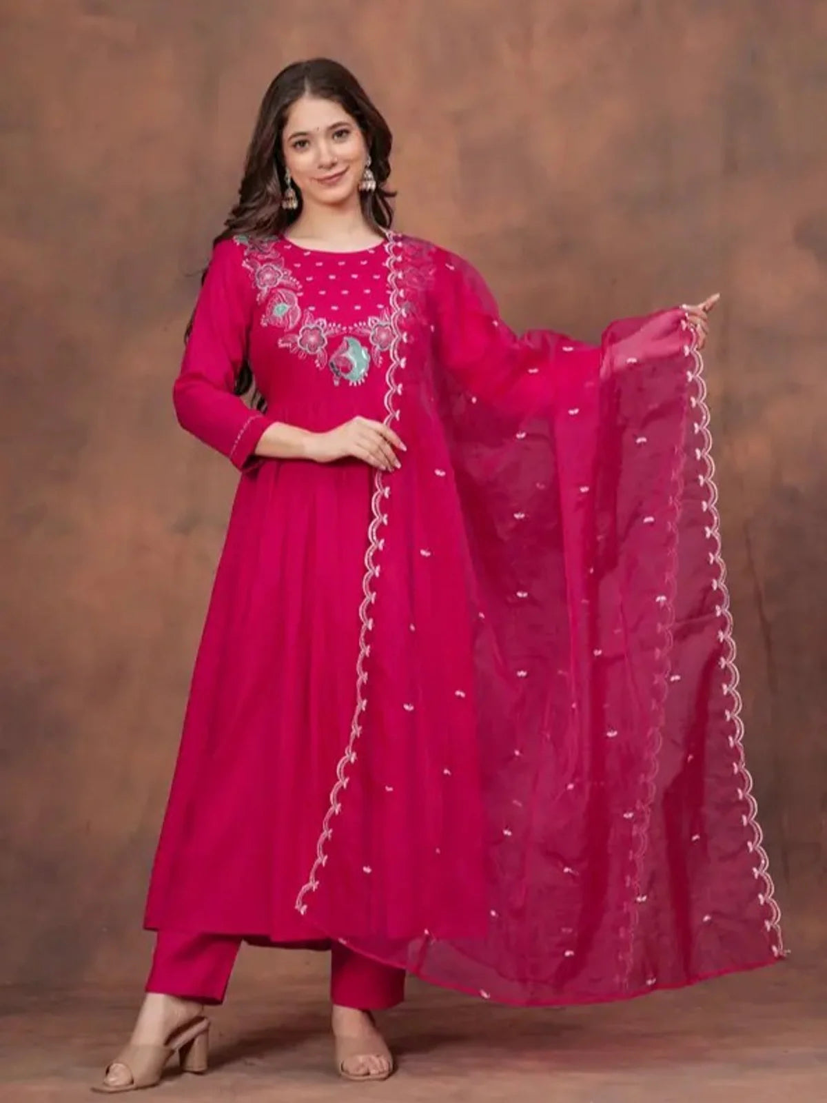Tarani pink silk embroidered festive dress angle view 4