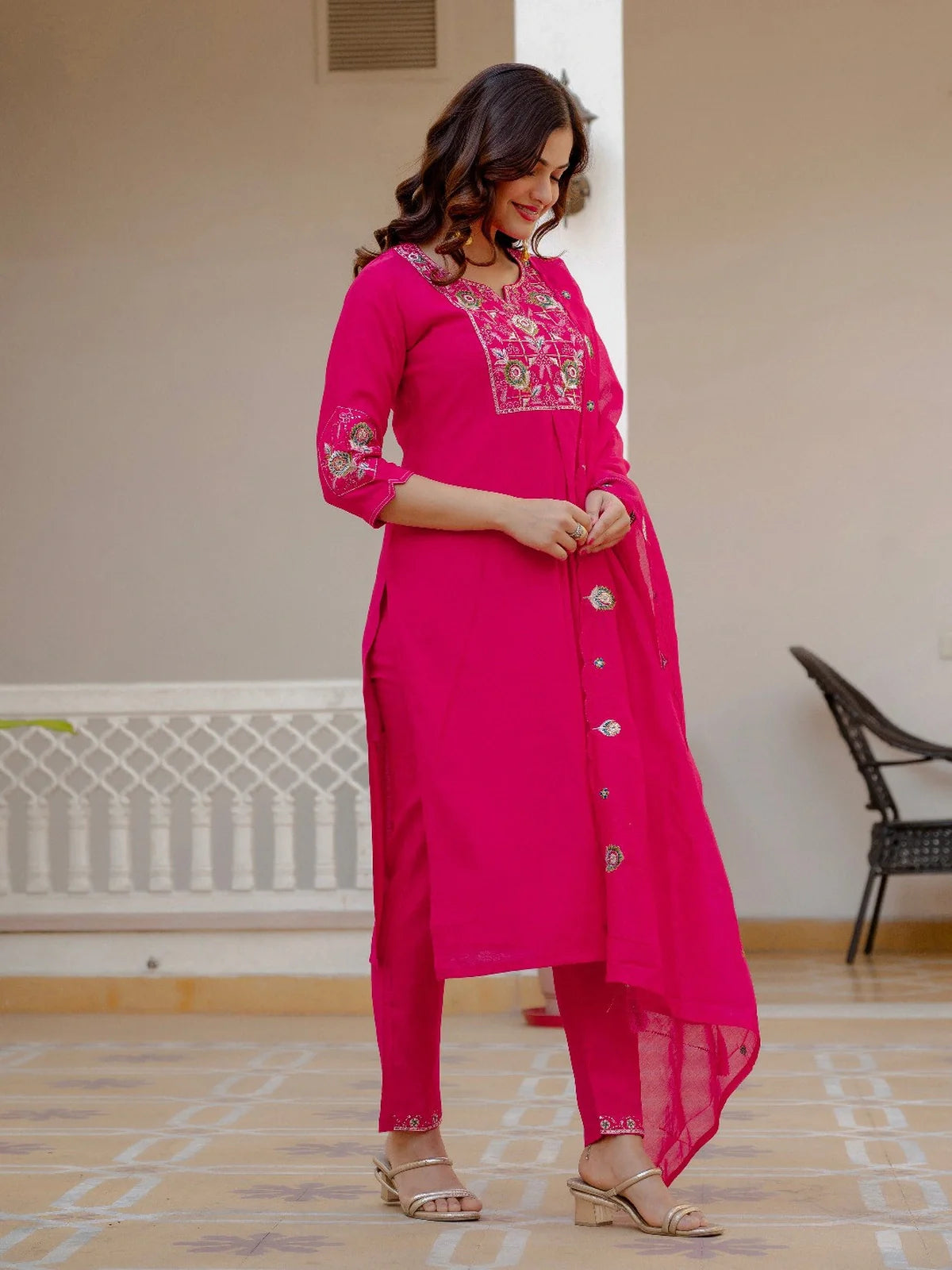 Tarani pink silk kurti with embroidery side pose showing elegant drape and pant detailing
