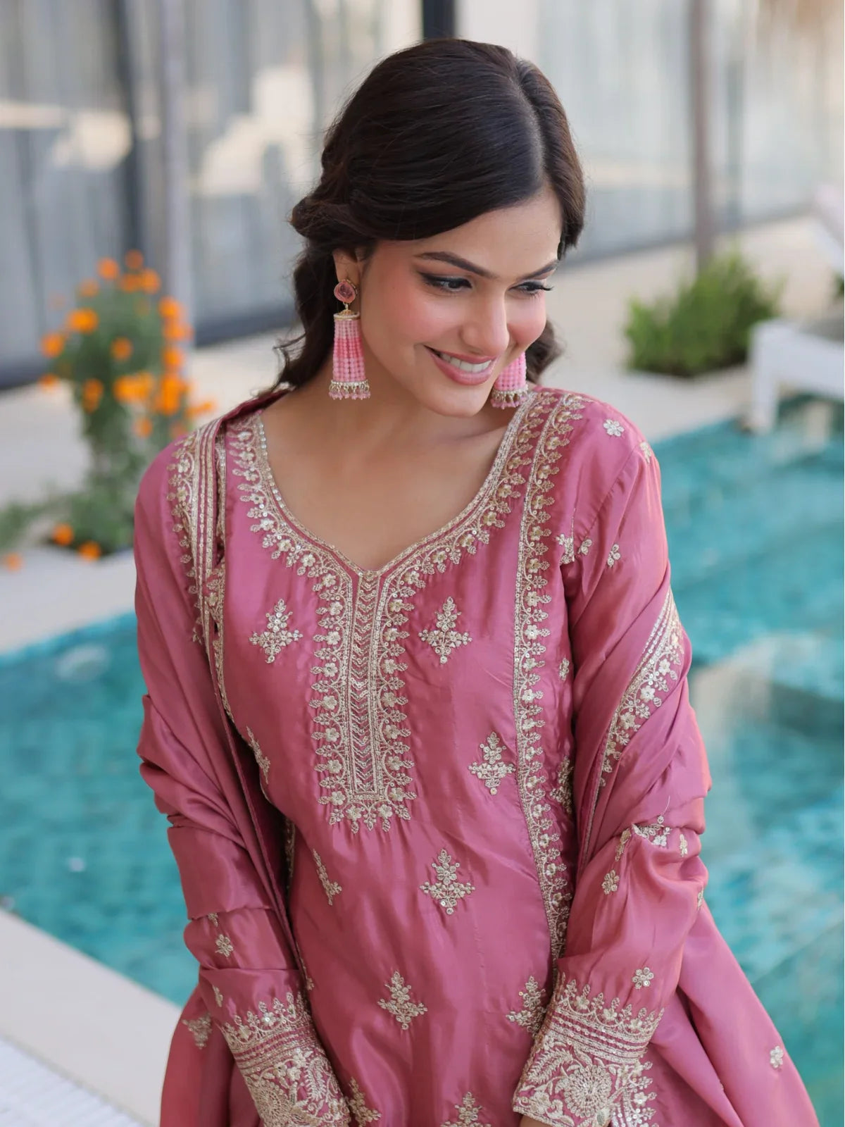 Tarani pink embroidered silk dress upper-body-view view for women