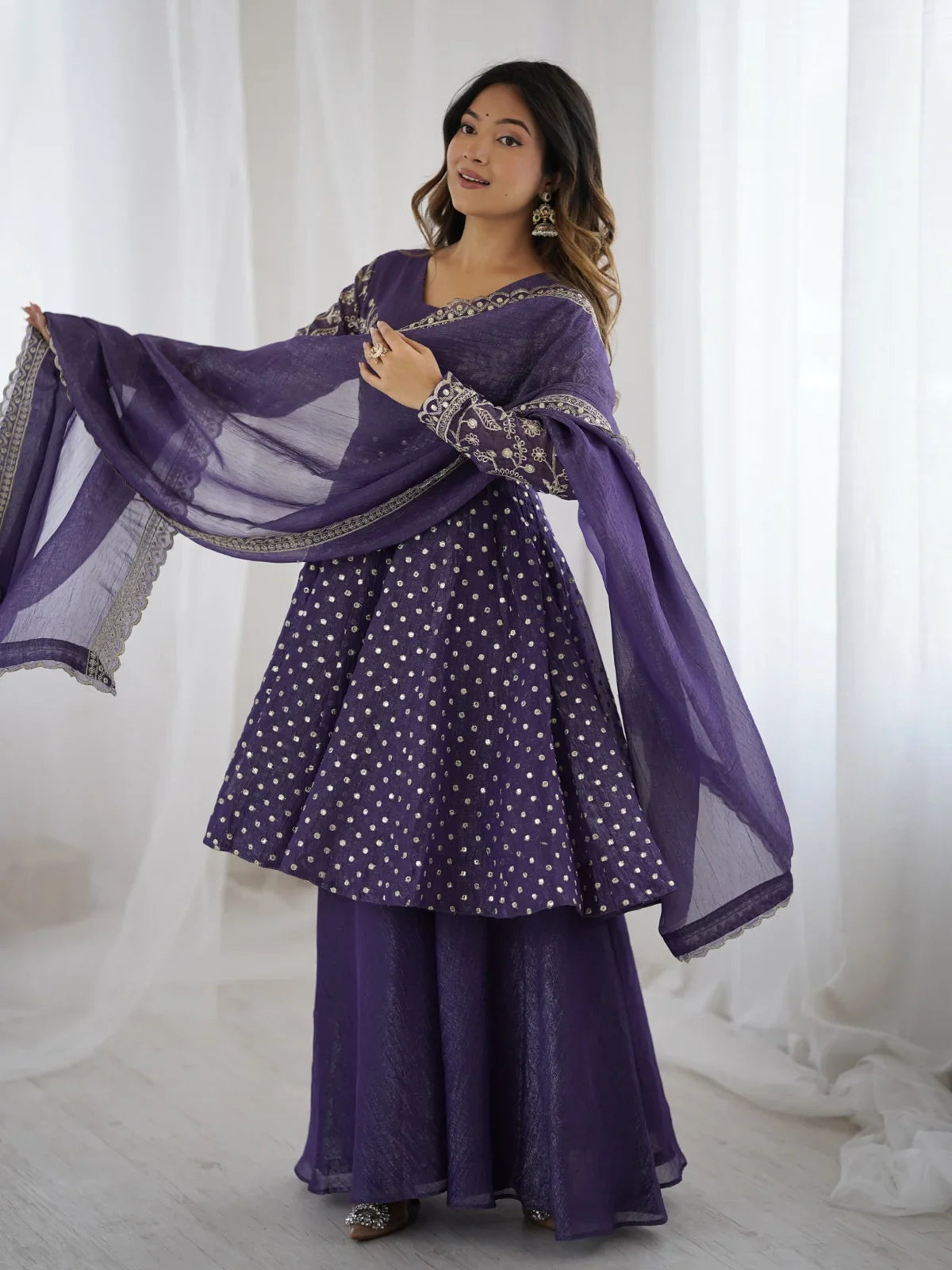 Tarani purple silk sharara full view showing top, palazzo and dupatta