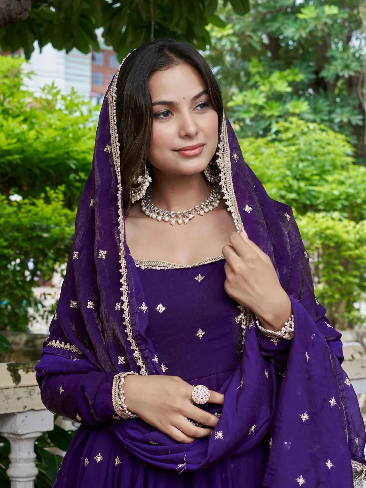 Tarani elegant purple silk dress close-up with sequin and thread embroidery