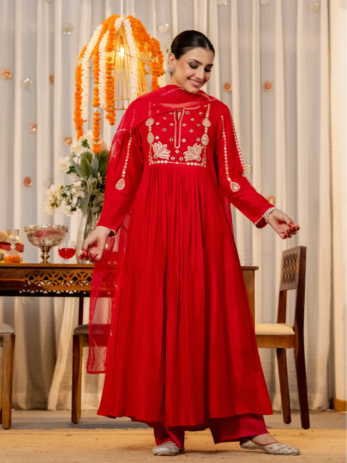 Tarani red Chanderi silk festive dress with embroidered front and organza dupatta