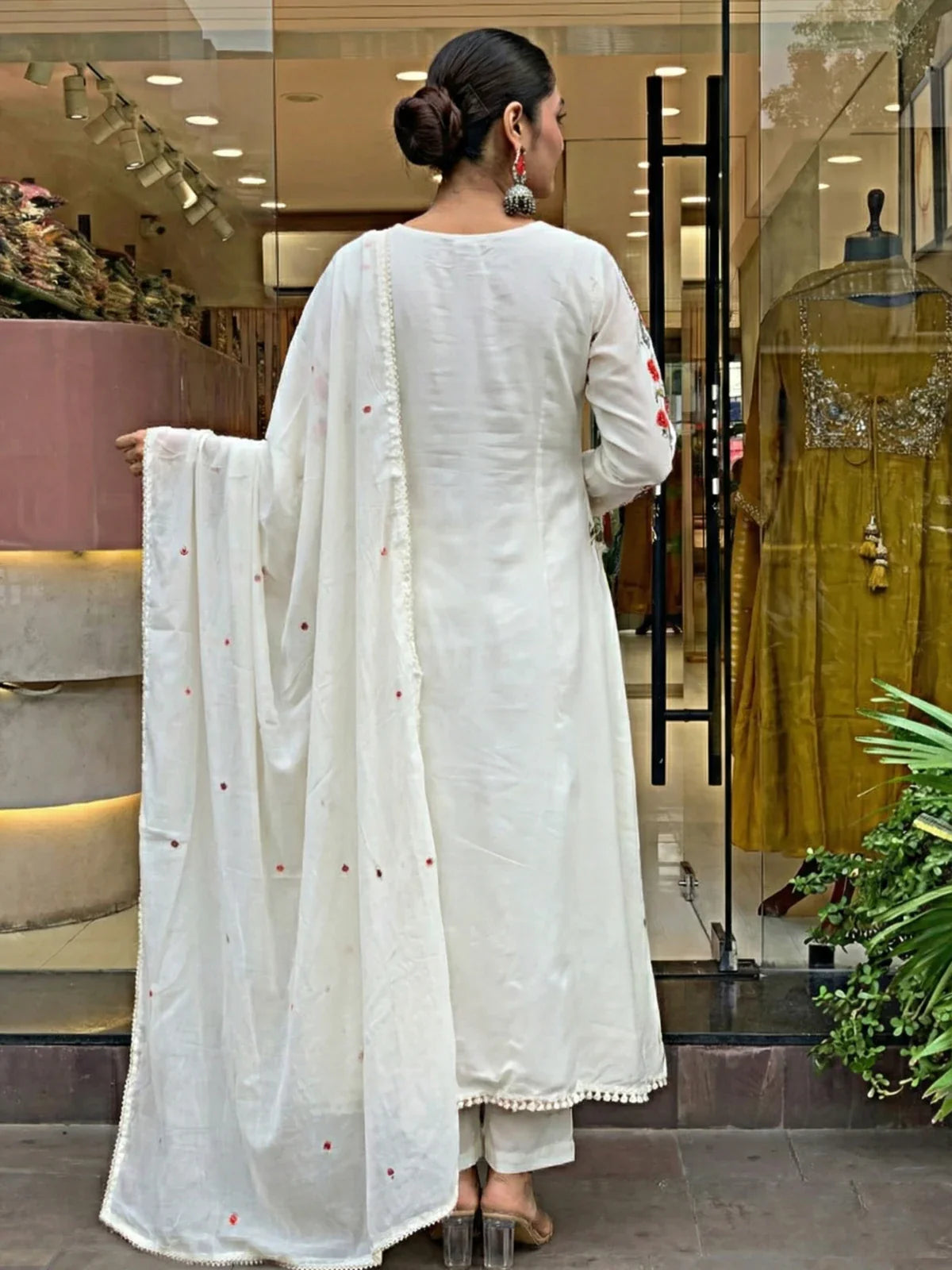 Tarani white chanderi silk suit back view with soft drape and elegant fall