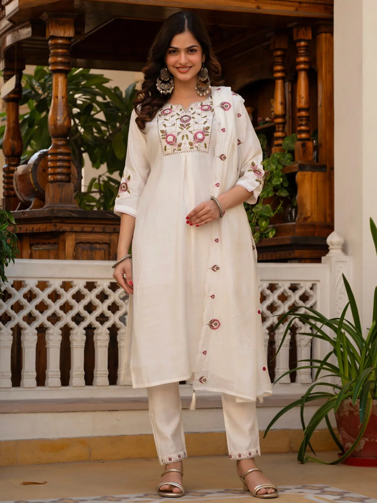 Tarani premium white silk dress with embroidered neck and dupatta for weddings and parties