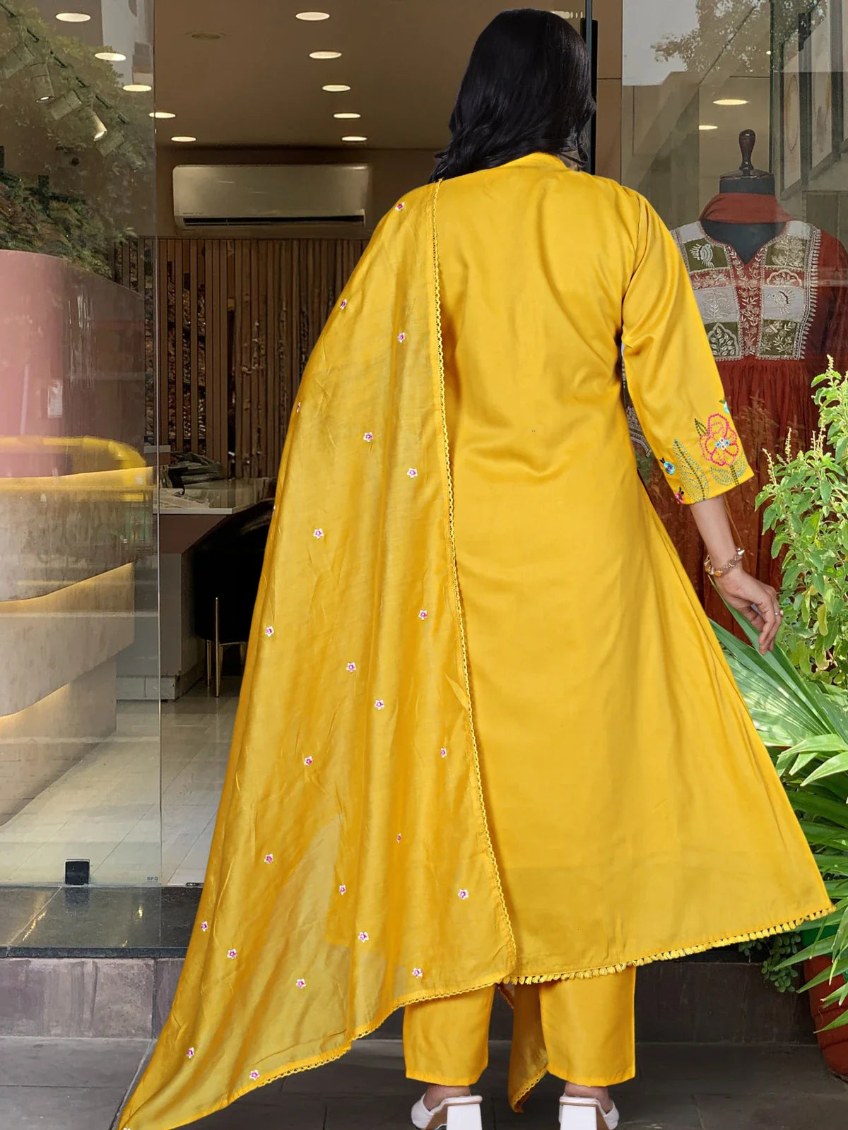 Back view of Tarani yellow chanderi silk festive dress with embroidered dupatta