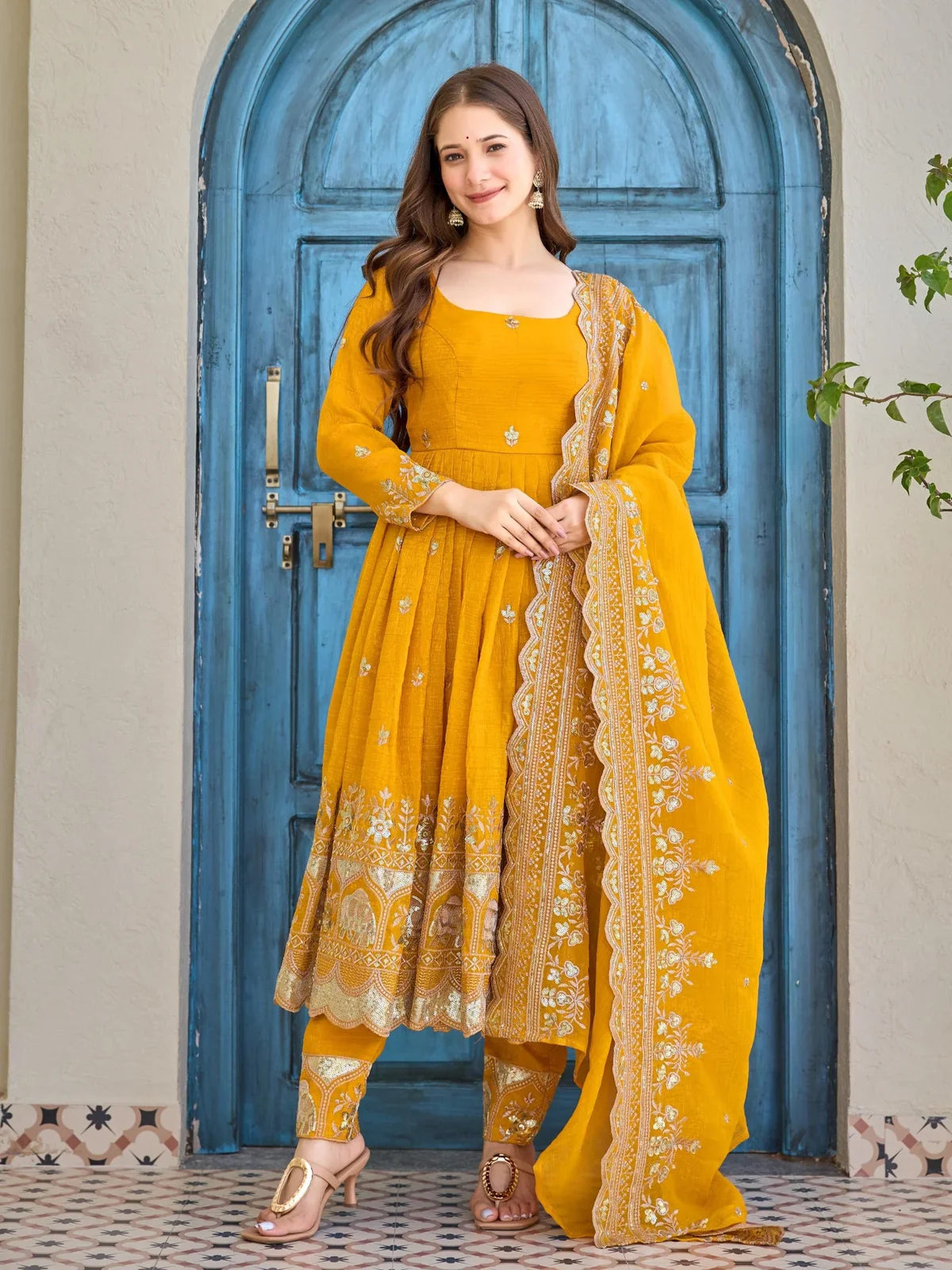 Tarani premium yellow silk dress with embroidered dupatta full view front pose