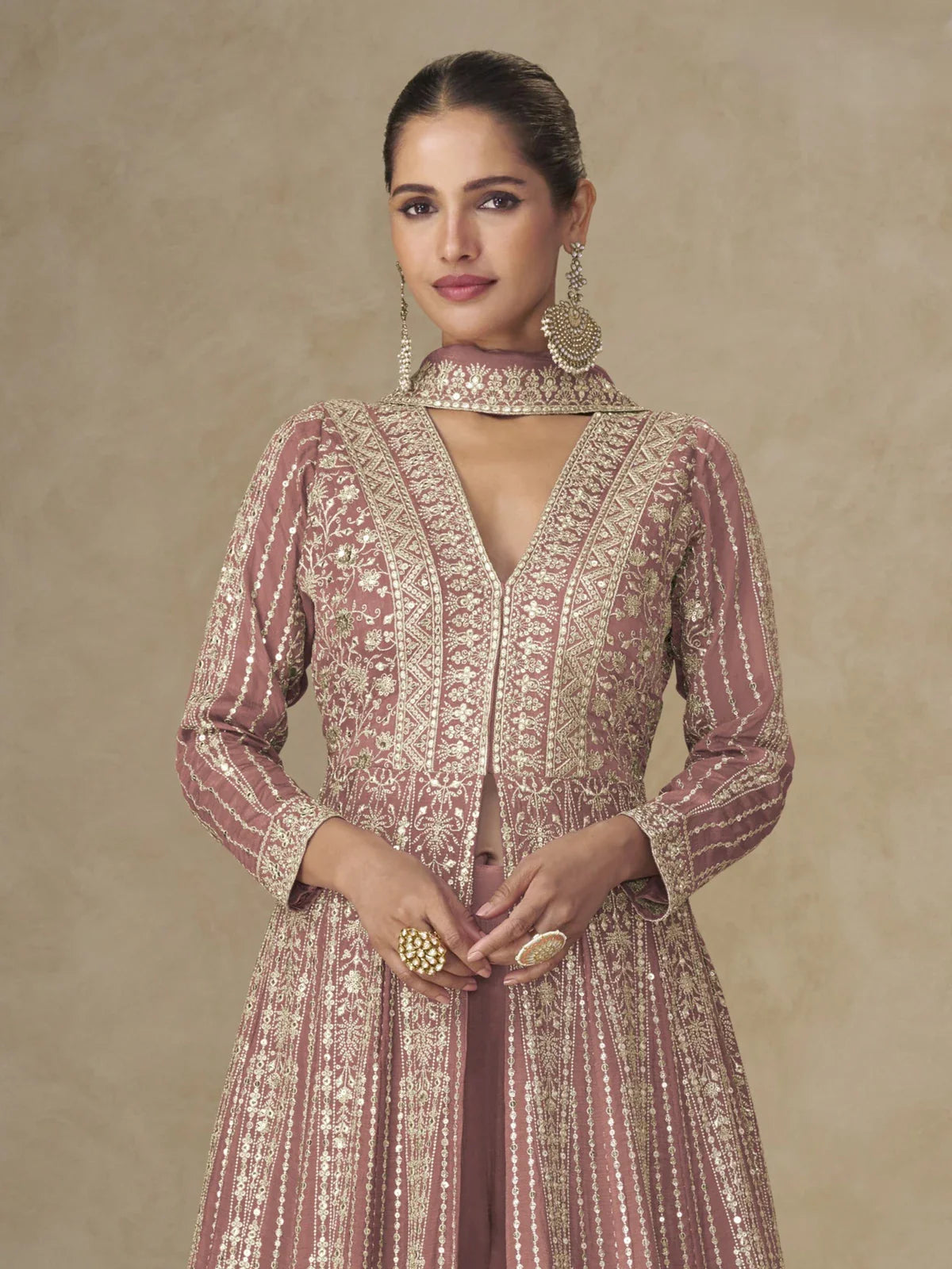 Tarani mauve silk gown closeup showing embroidery and neckline details