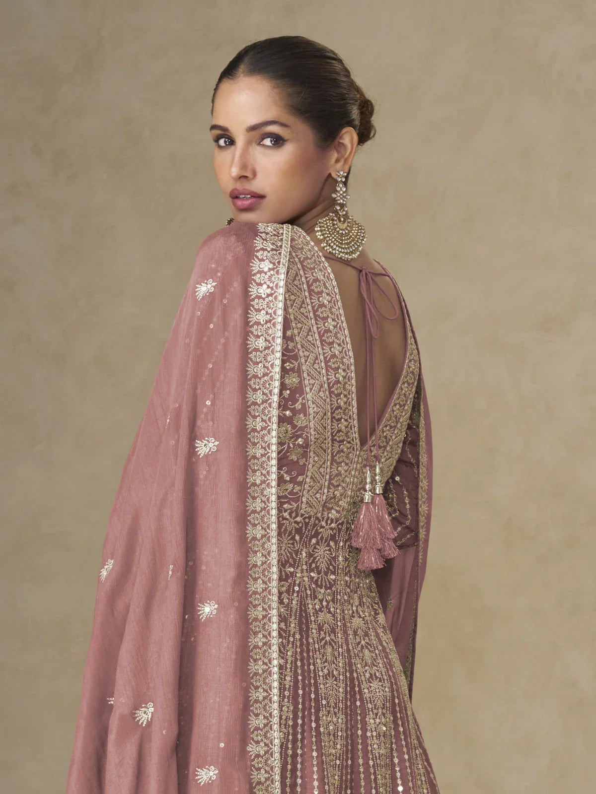 Tarani mauve gown back view with tie-up tassels and dupatta