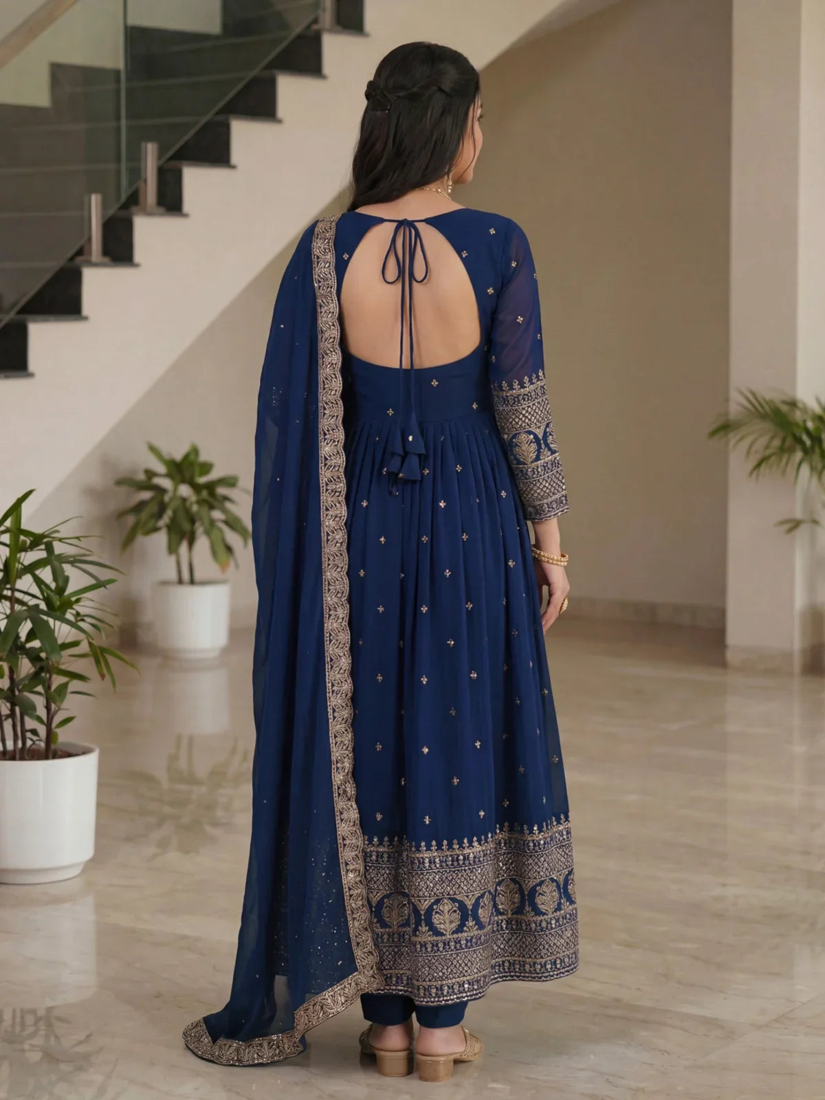 Tarani navy blue silk gown full back view with tie-up back design and dupatta fall