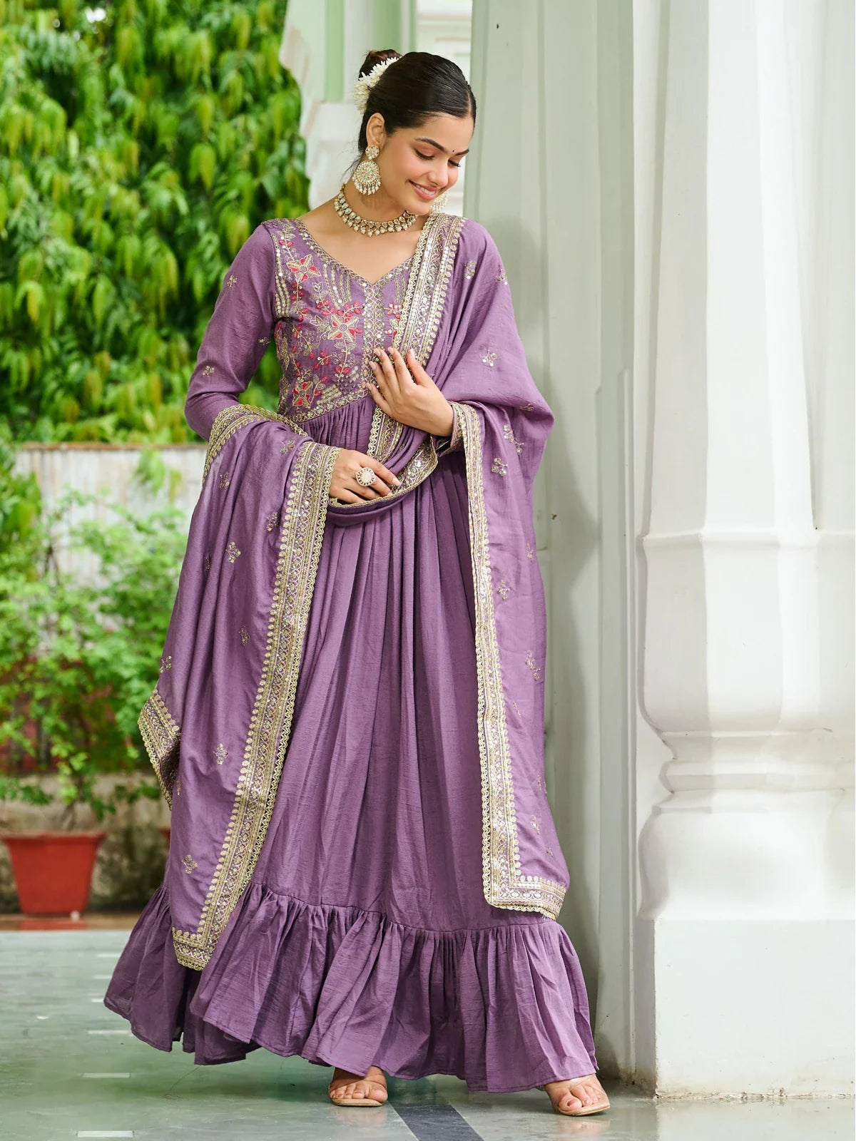 Tarani purple silk wedding gown with elegant zari and thread embroidery in front view