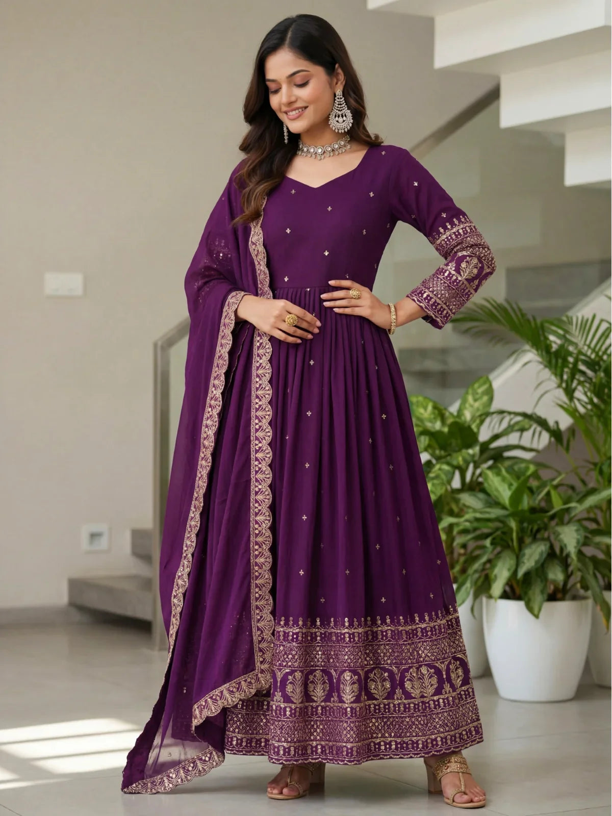 Tarani rich purple silk gown with full flared design and dupatta for festive and wedding wear