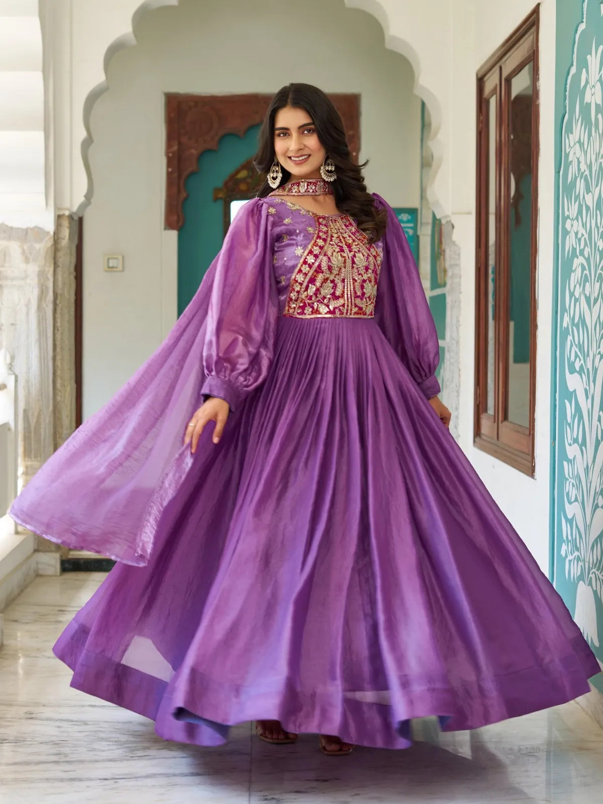 Tarani purple silk gown with embroidery and dupatta full view for wedding occasions