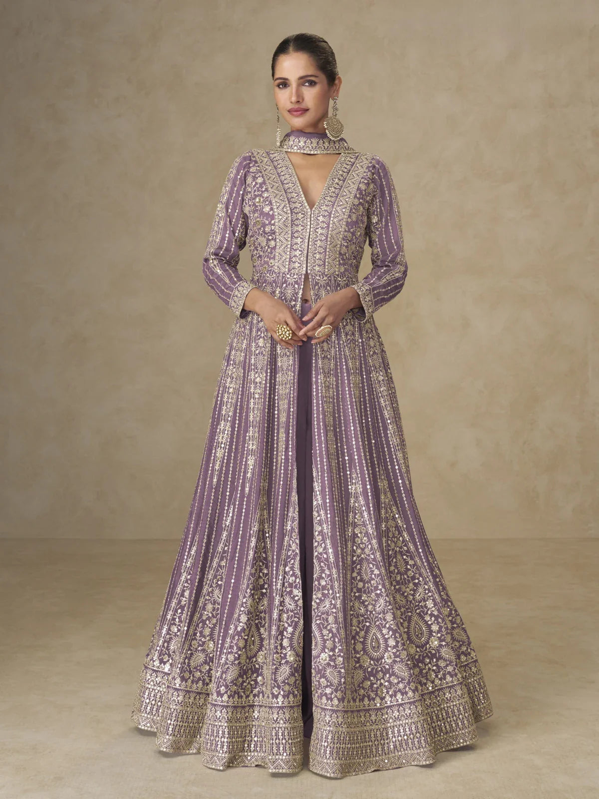 Tarani premium lavender Chinnon silk gown with golden embroidery and matching dupatta