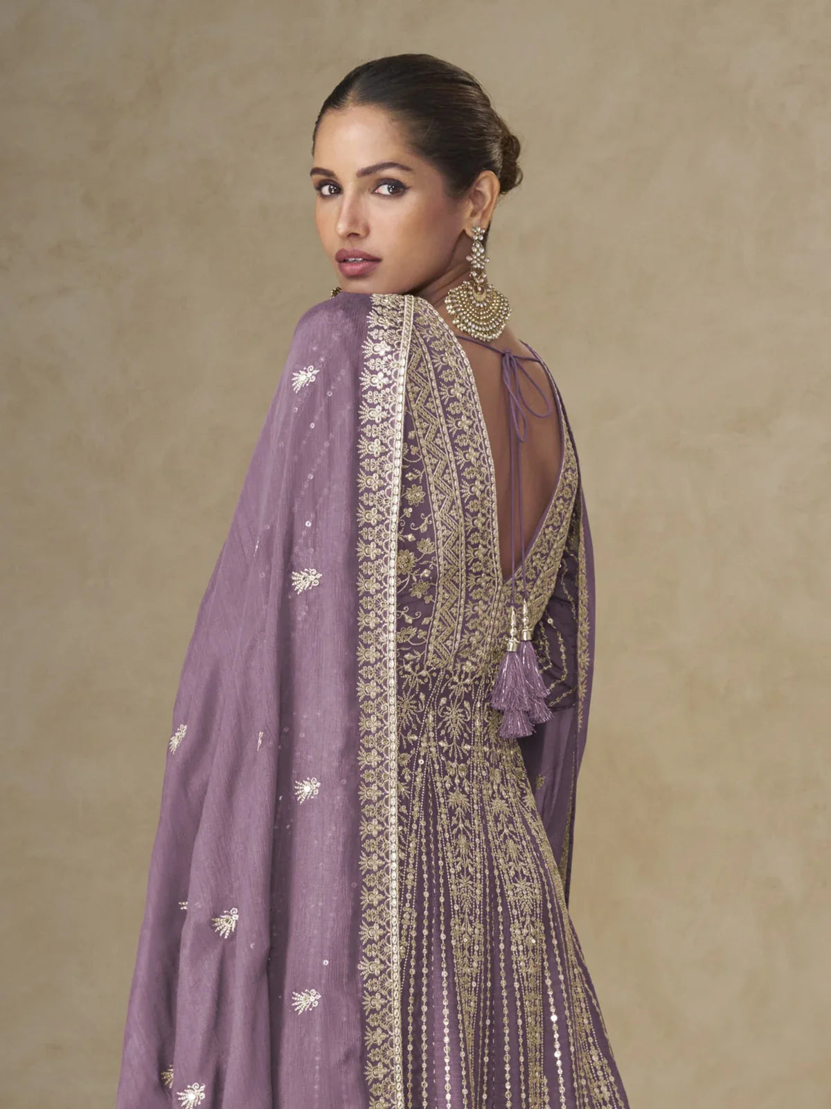 Tarani lavender Chinnon silk gown back design with detailed embroidery