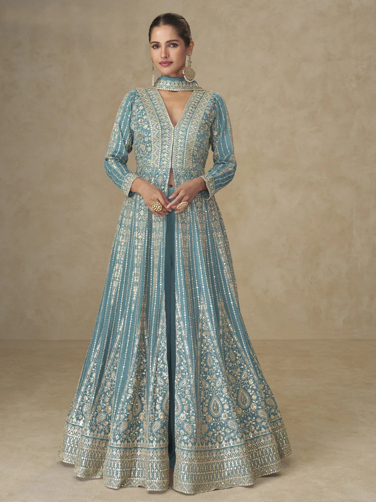 Tarani premium teal silk gown with zari embroidery front full view