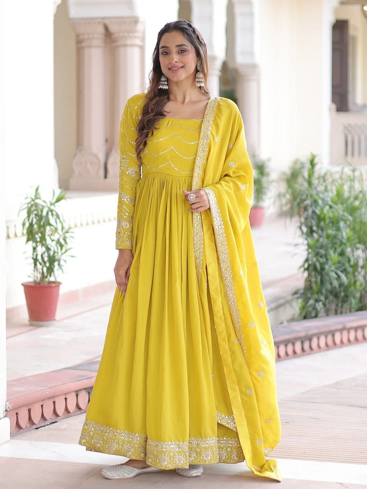 Tarani yellow silk gown full front view with embroidered dupatta and flare – ceremonial wear
