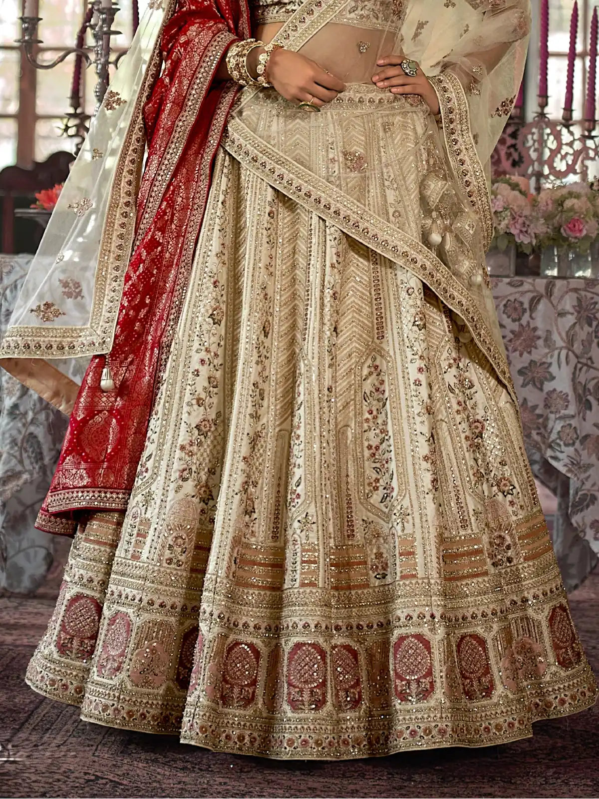Tarani beige silk lehenga closeup embroidery detailing with sequins work