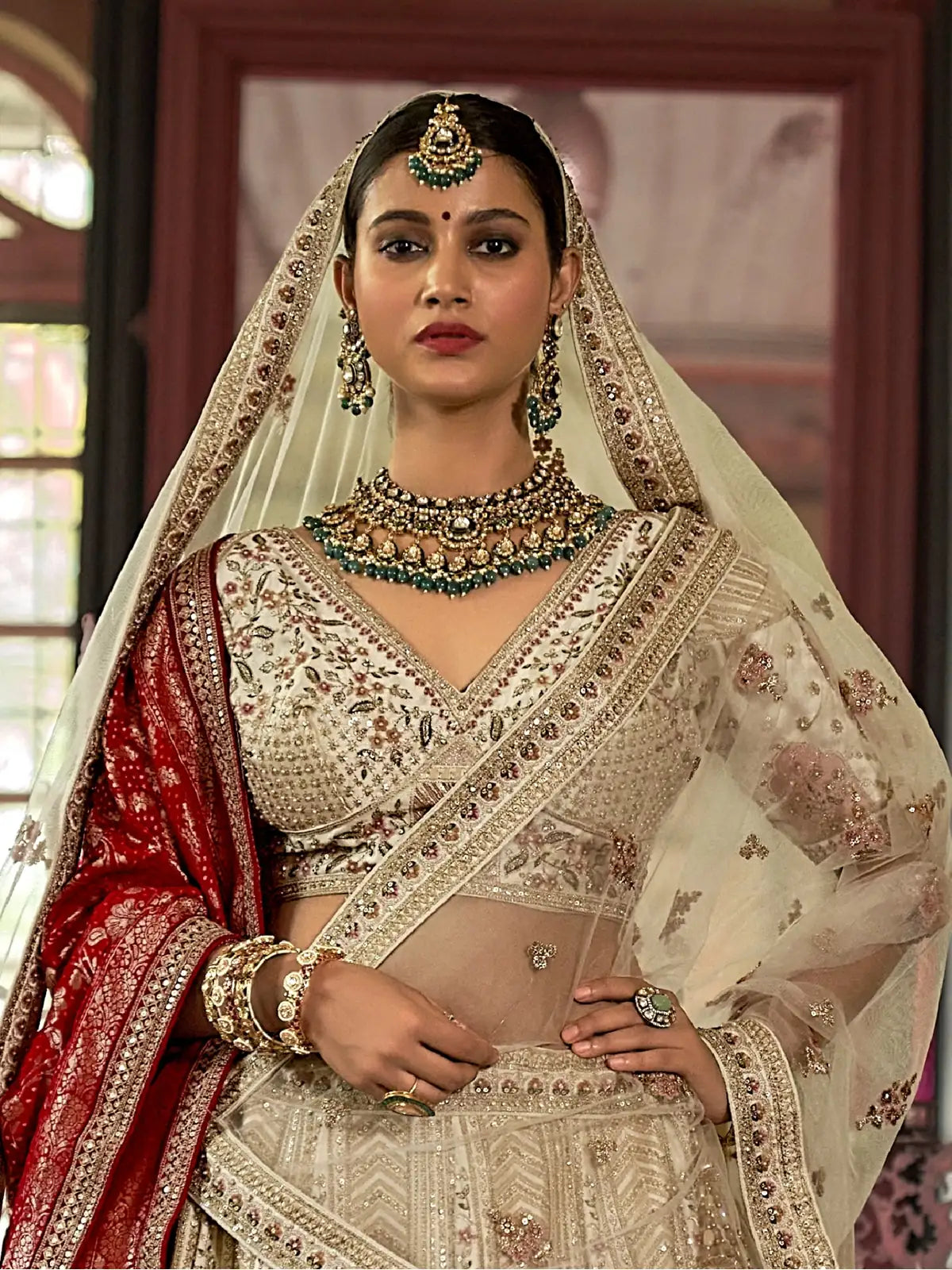 Tarani bridal beige silk lehenga front view with double dupatta styling