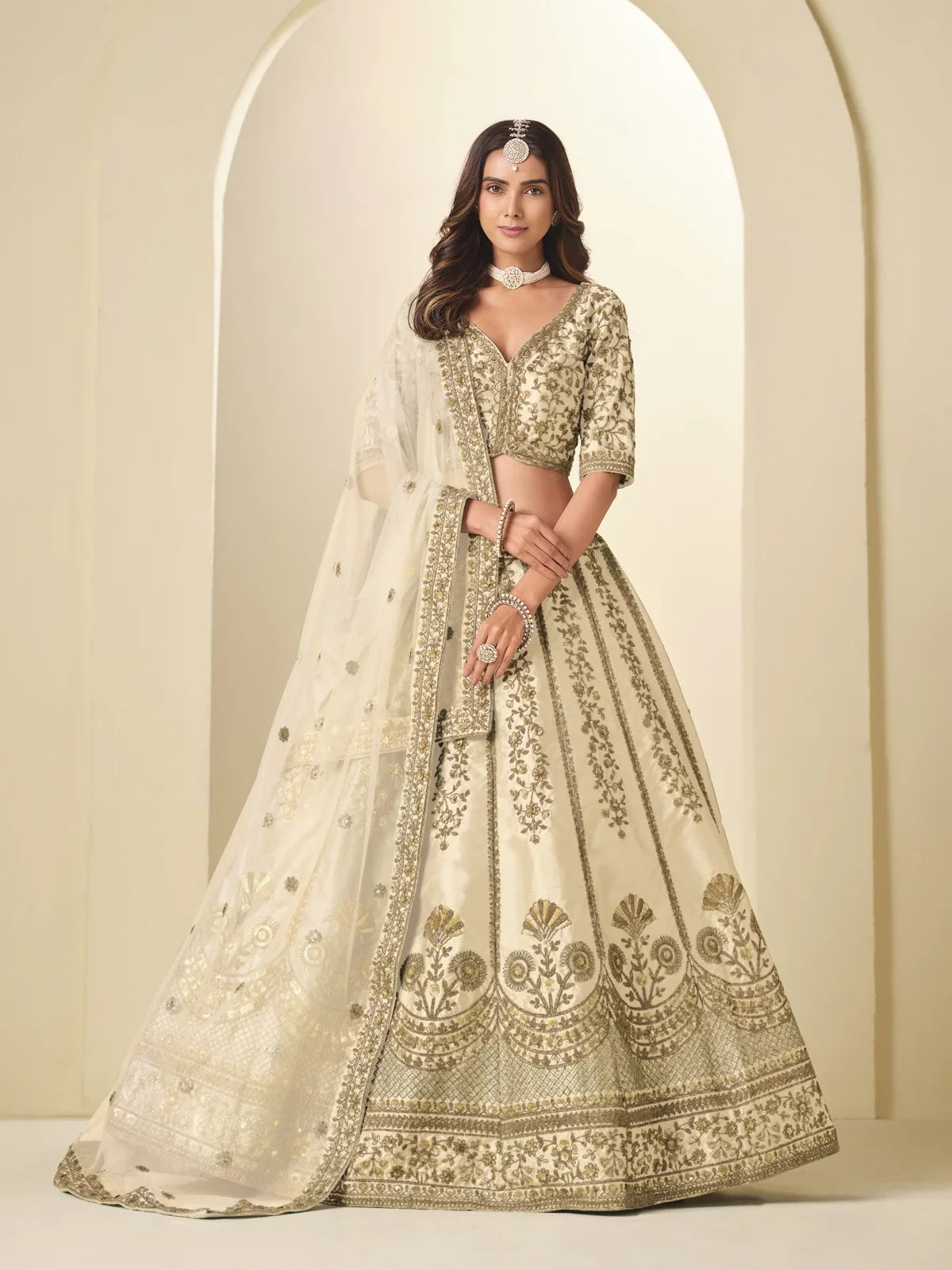 Tarani beige silk lehenga full view with embroidered blouse and detailed dupatta