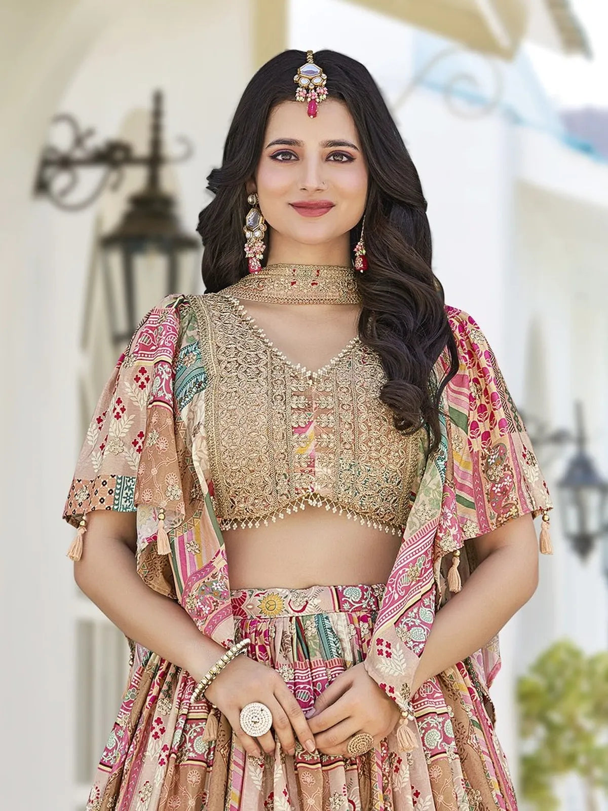 Tarani chinnon silk lehenga blouse with dori embroidery and choker neckline dupatta