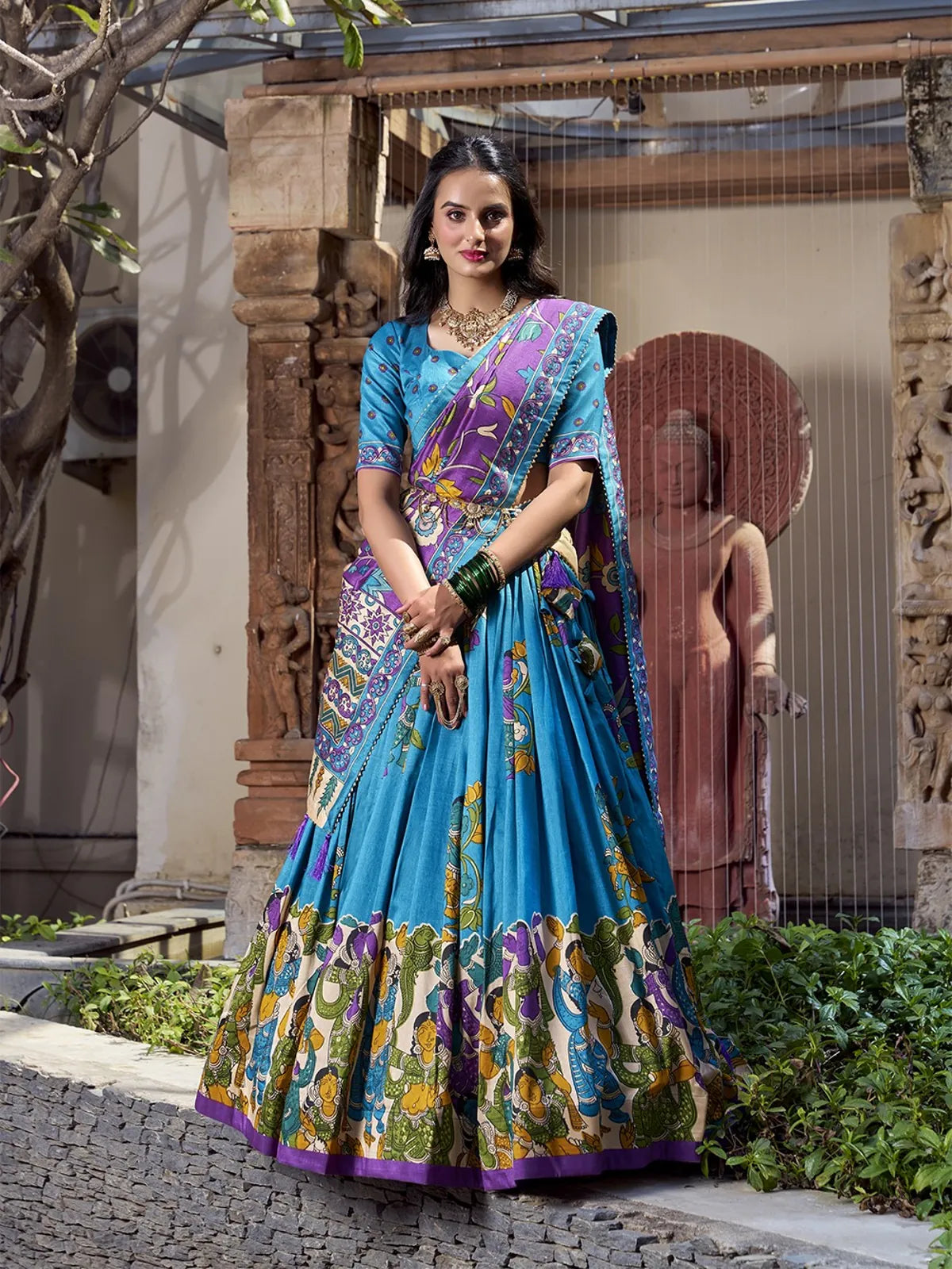 Tarani elegant blue silk lehenga with kalamkari foil work and full flare for festive occasions