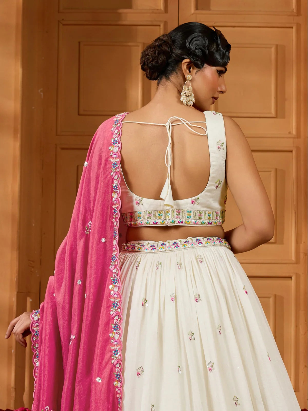 Tarani blue silk lehenga front pose with dupatta view 3