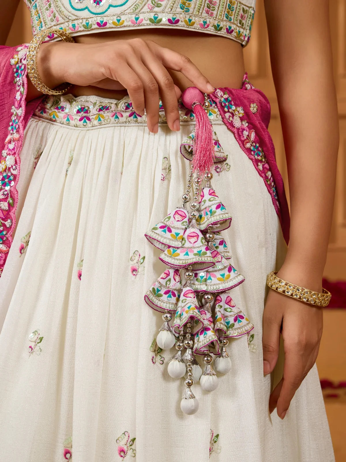 Tarani blue silk lehenga front pose with dupatta view 4