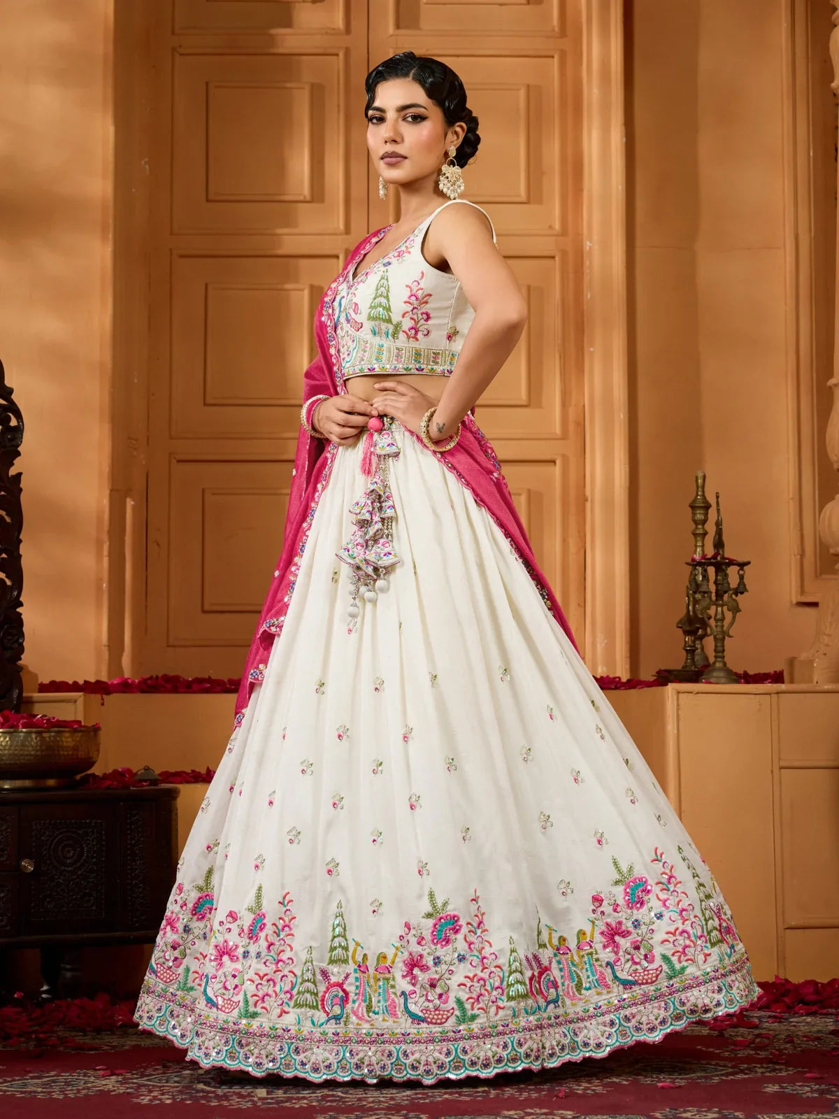 Tarani blue silk lehenga front pose with dupatta view 5