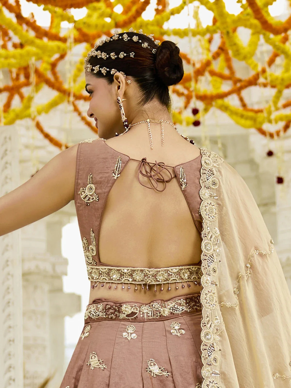 Tarani brown silk lehenga back blouse design with embroidery and dupatta