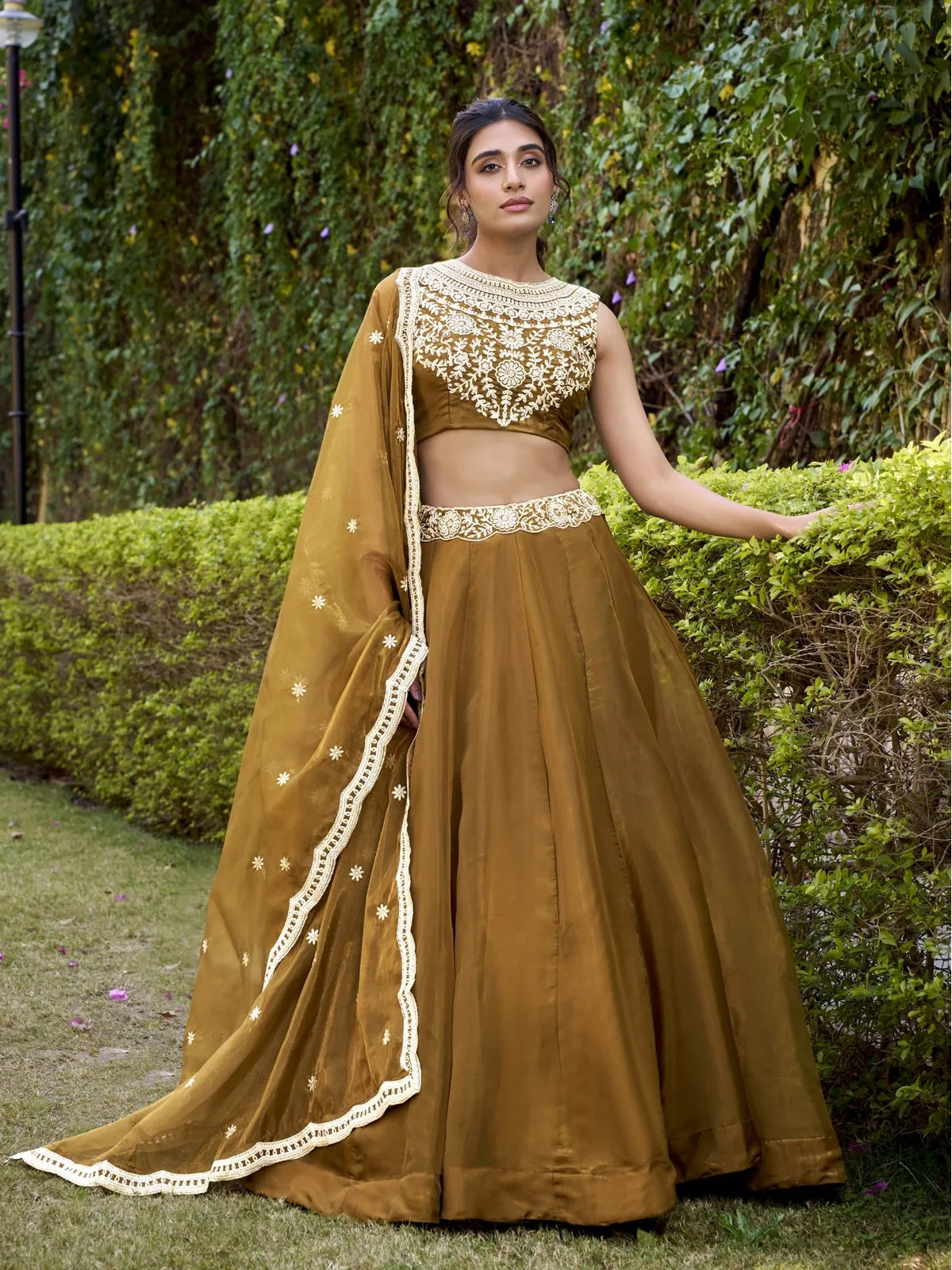 Tarani brown chanda silk lehenga with embroidered blouse and dupatta full front view
