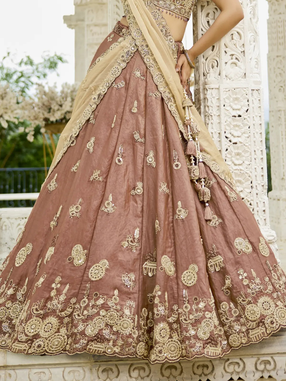 Tarani brown silk lehenga side view with embroidery details and dupatta