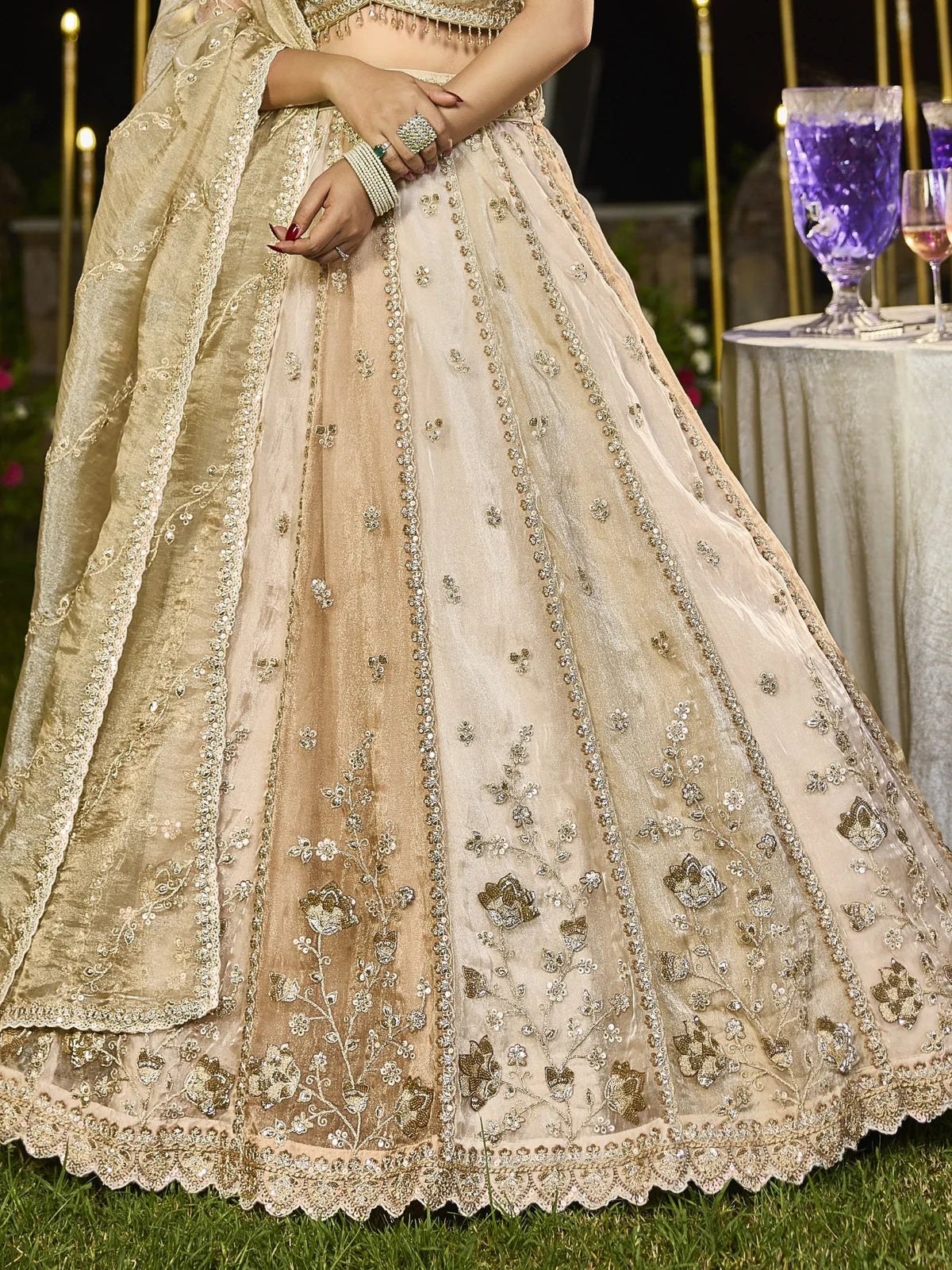 Tarani golden silk lehenga closeup embroidery and floral detailing
