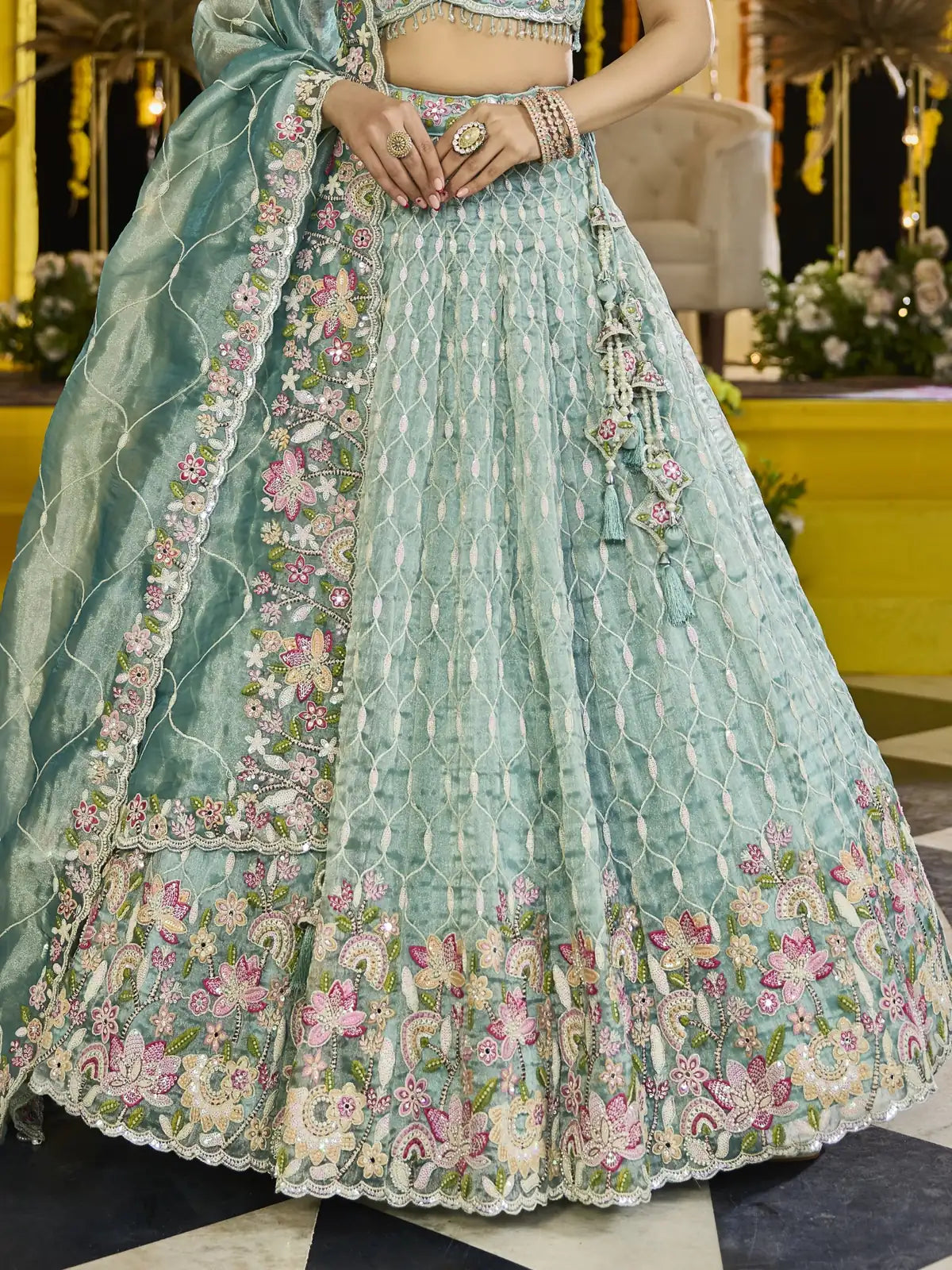 Tarani green silk lehenga closeup embroidery and floral work