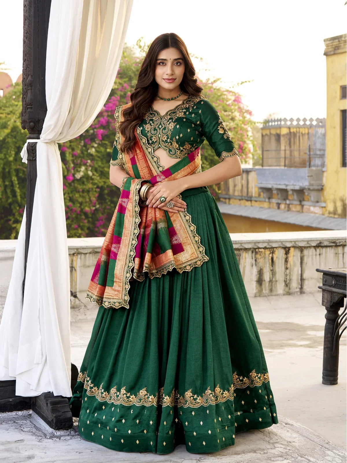 Tarani green vichitra silk lehenga with sequin embroidery and festive dupatta for traditional functions
