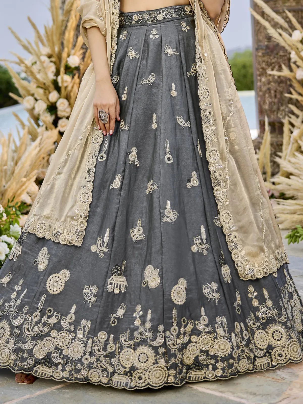 Tarani grey silk lehenga with embroidery and cutwork closeup view