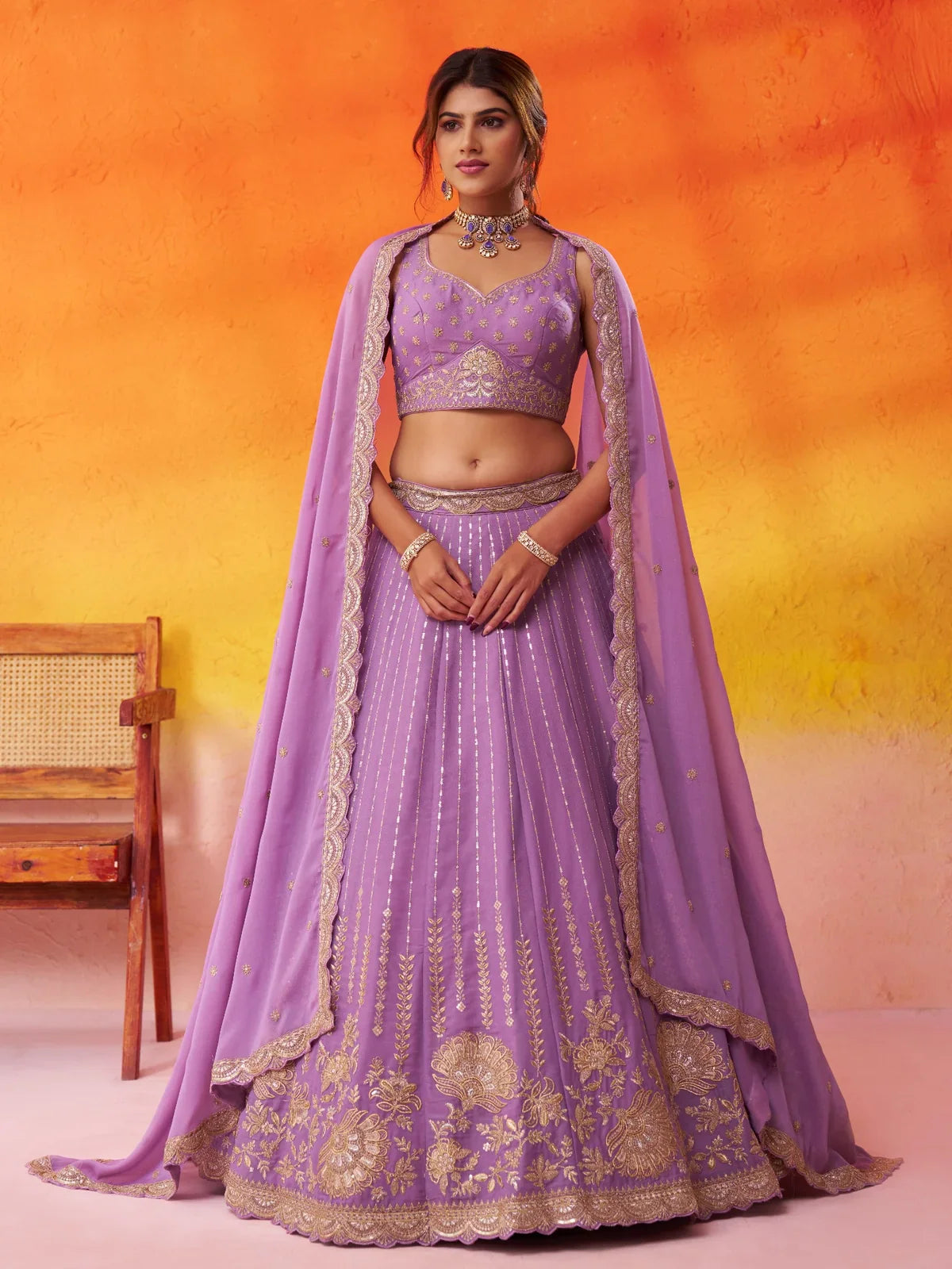 Tarani mauve silk lehenga with sequin embroidery and golden zari detailing full front view