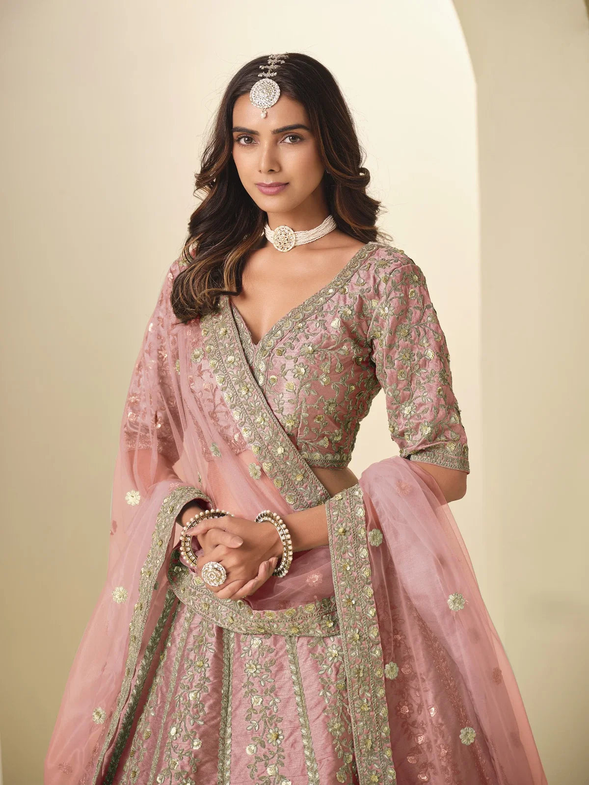Tarani pink silk lehenga upper body view showing blouse embroidery and dupatta drape