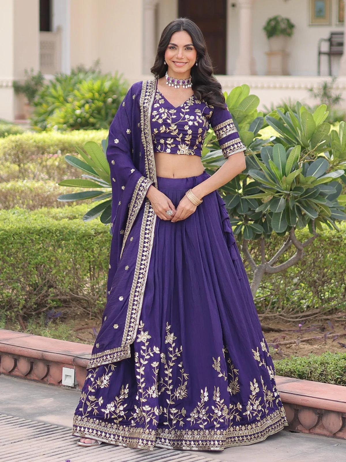 Tarani purple vichitra silk lehenga with heavy zari and sequins embroidery, full view with dupatta and blouse