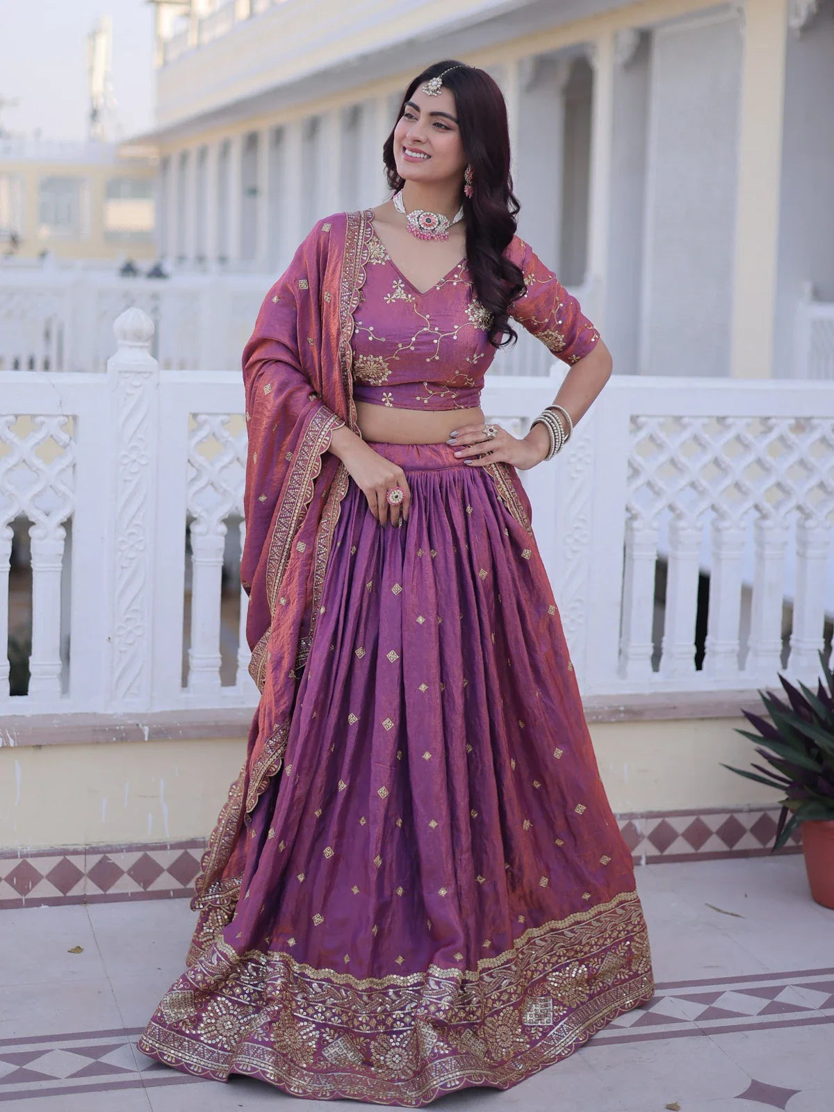 Tarani purple silk lehenga full view with golden embroidery and dupatta for wedding