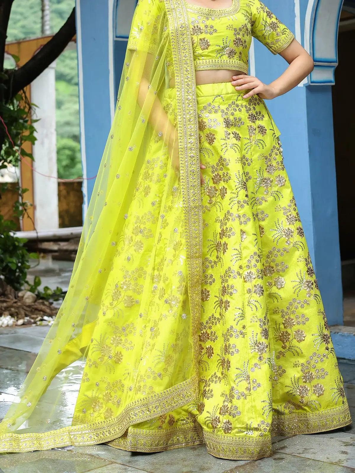 Tarani yellow silk lehenga with embroidery closeup view