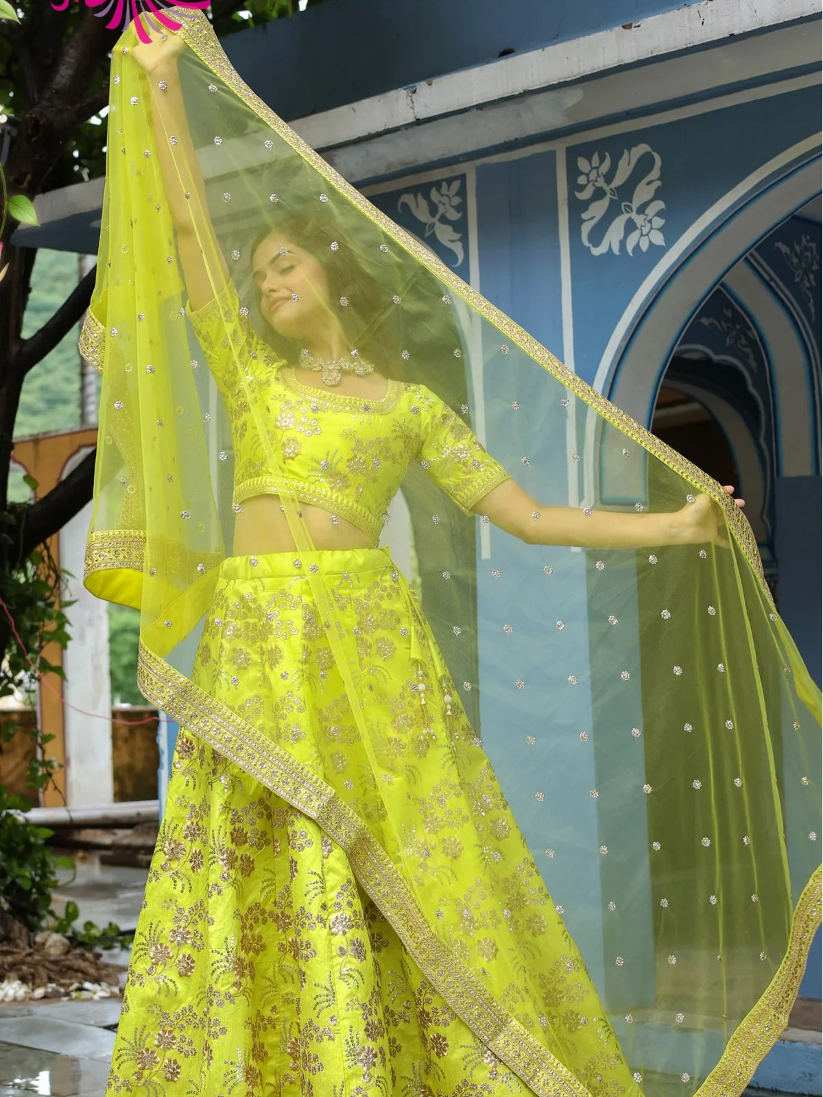Tarani yellow silk lehenga with embroidered blouse and dupatta front view