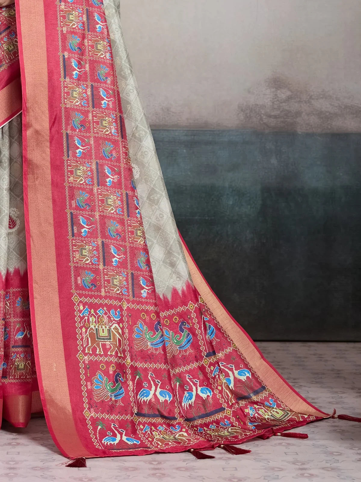 Tarani kalki silk saree pallu design with vibrant digital motifs