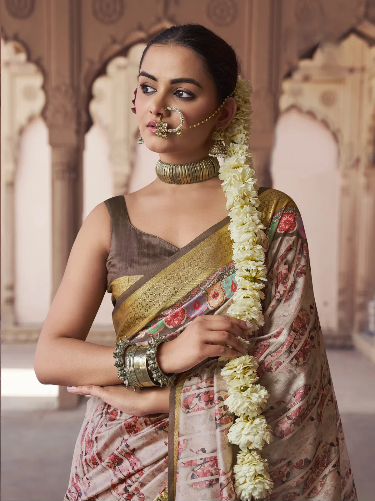 Tarani elegant beige silk saree upper body view with blouse and hand embroidery