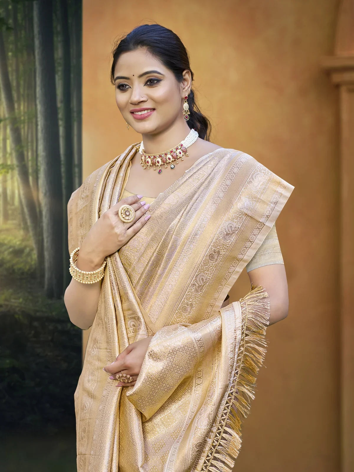 Tarani beige kanjivaram silk saree upper body view showing elegant blouse and drape